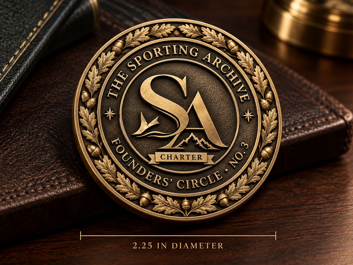 Bronze Charter Founder medallion of The Sporting Archive, with the SA monogram inside an oak-leaf and acorn wreath.