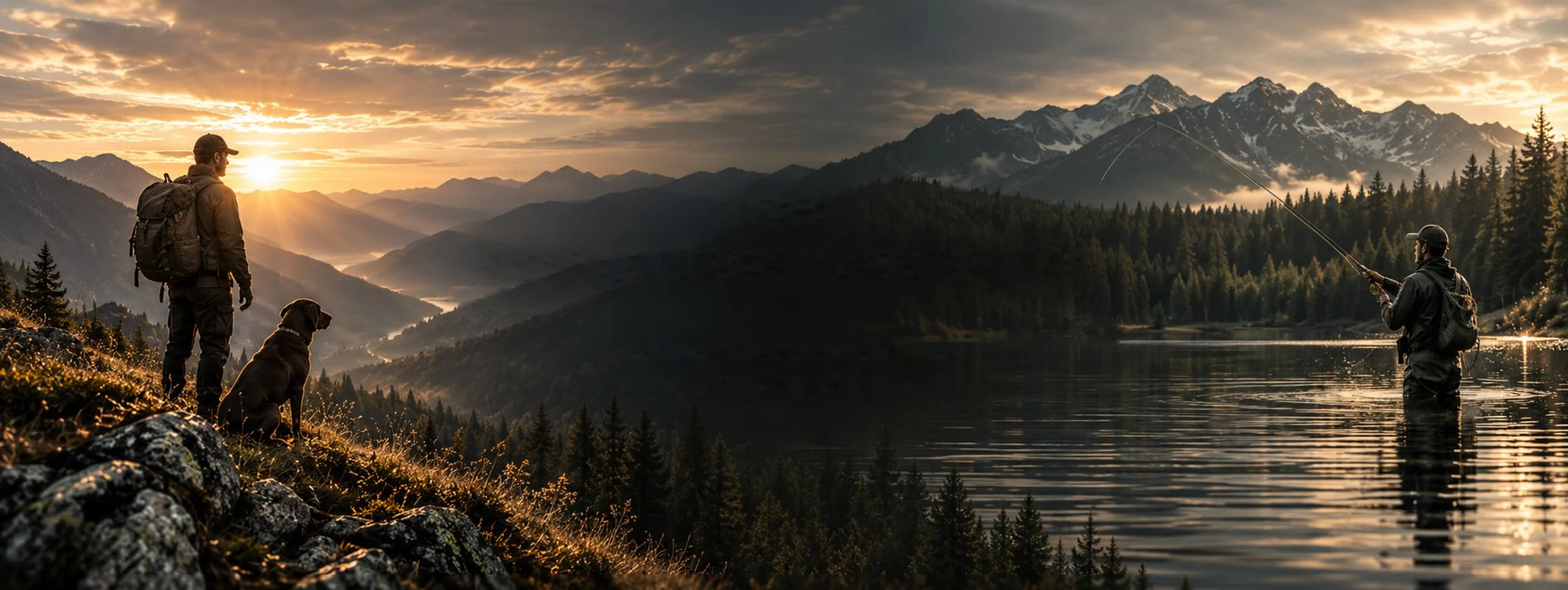 A hunter and his dog watch the sunrise over a mountain valley while a fly fisherman casts in the lake below.