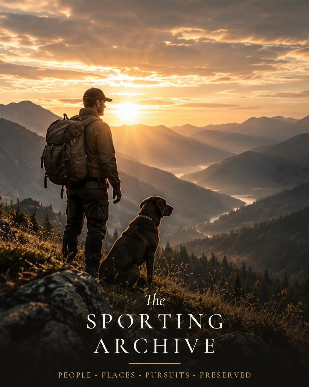 Hunter and his dog overlooking a mountain valley at sunrise — The Sporting Archive