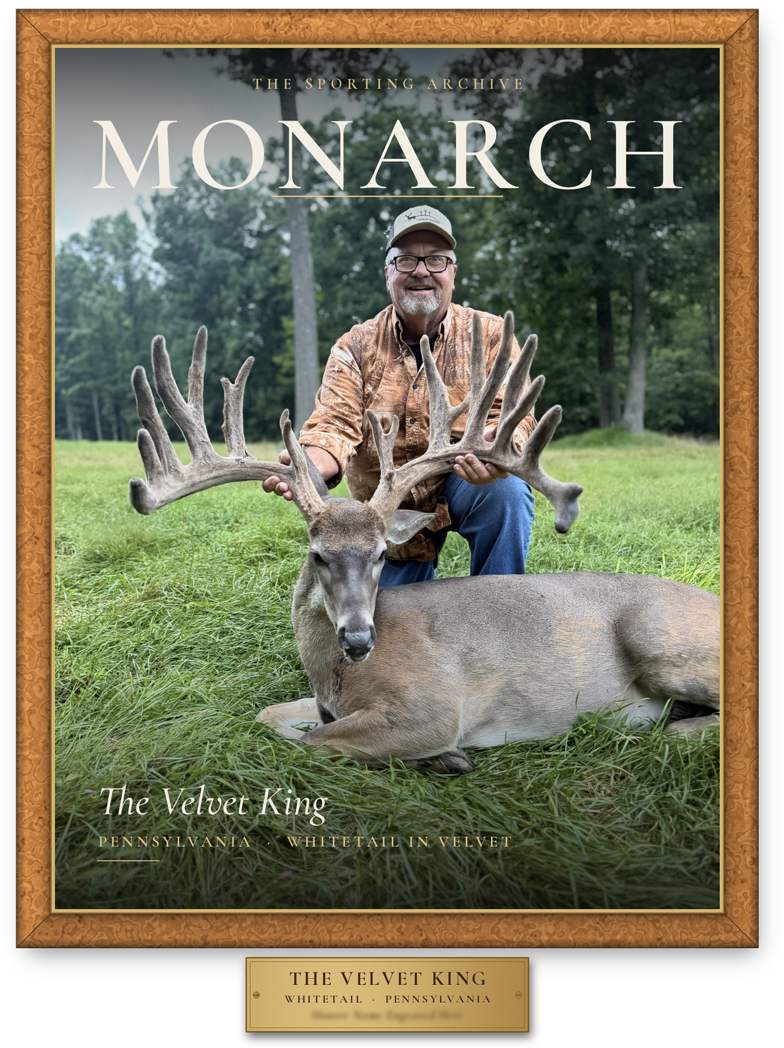 The same photo transformed into a MONARCH magazine cover, retouched and framed in burl wood with an engraved brass plate.