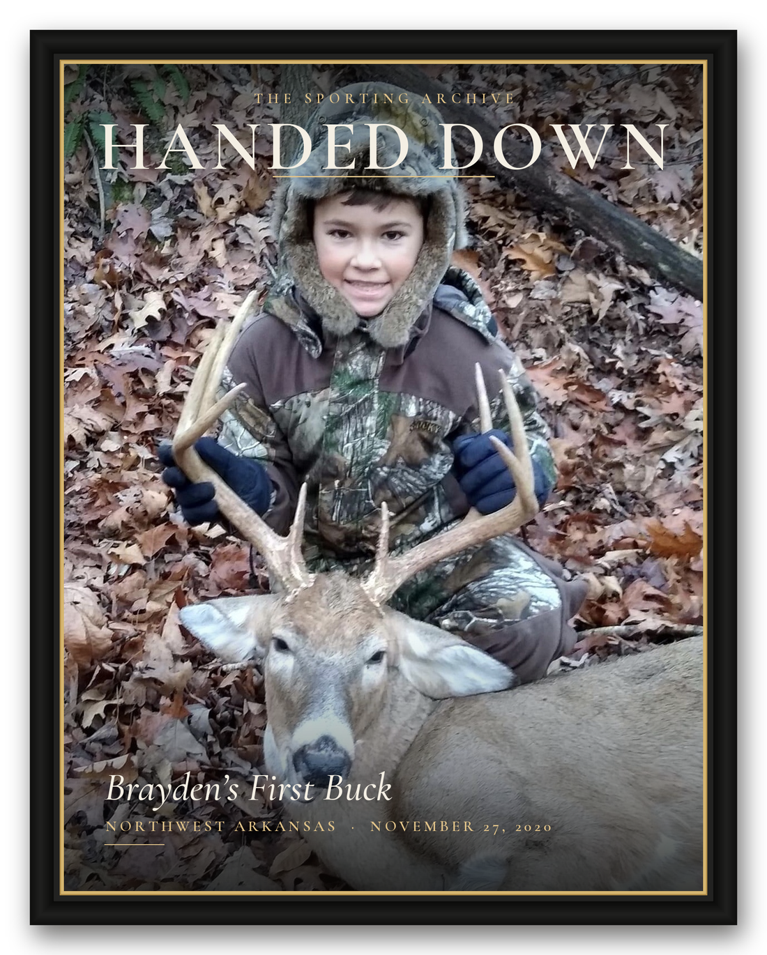 Framed Journal Edition magazine cover titled HANDED DOWN, showing a young hunter with his first whitetail buck in fall leaves.