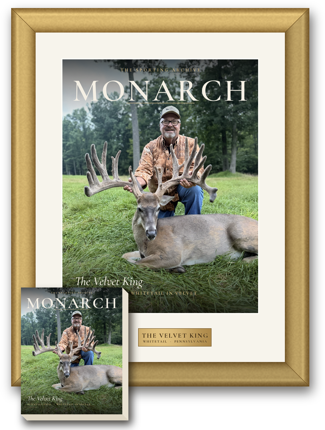 Legacy Edition: a MONARCH cover in a wide museum mat and gold-leaf frame, with a bound hardcover copy of the printed issue.