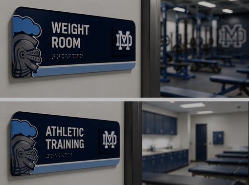 Signs for weight room and athletic training room at a gym or sports facility.