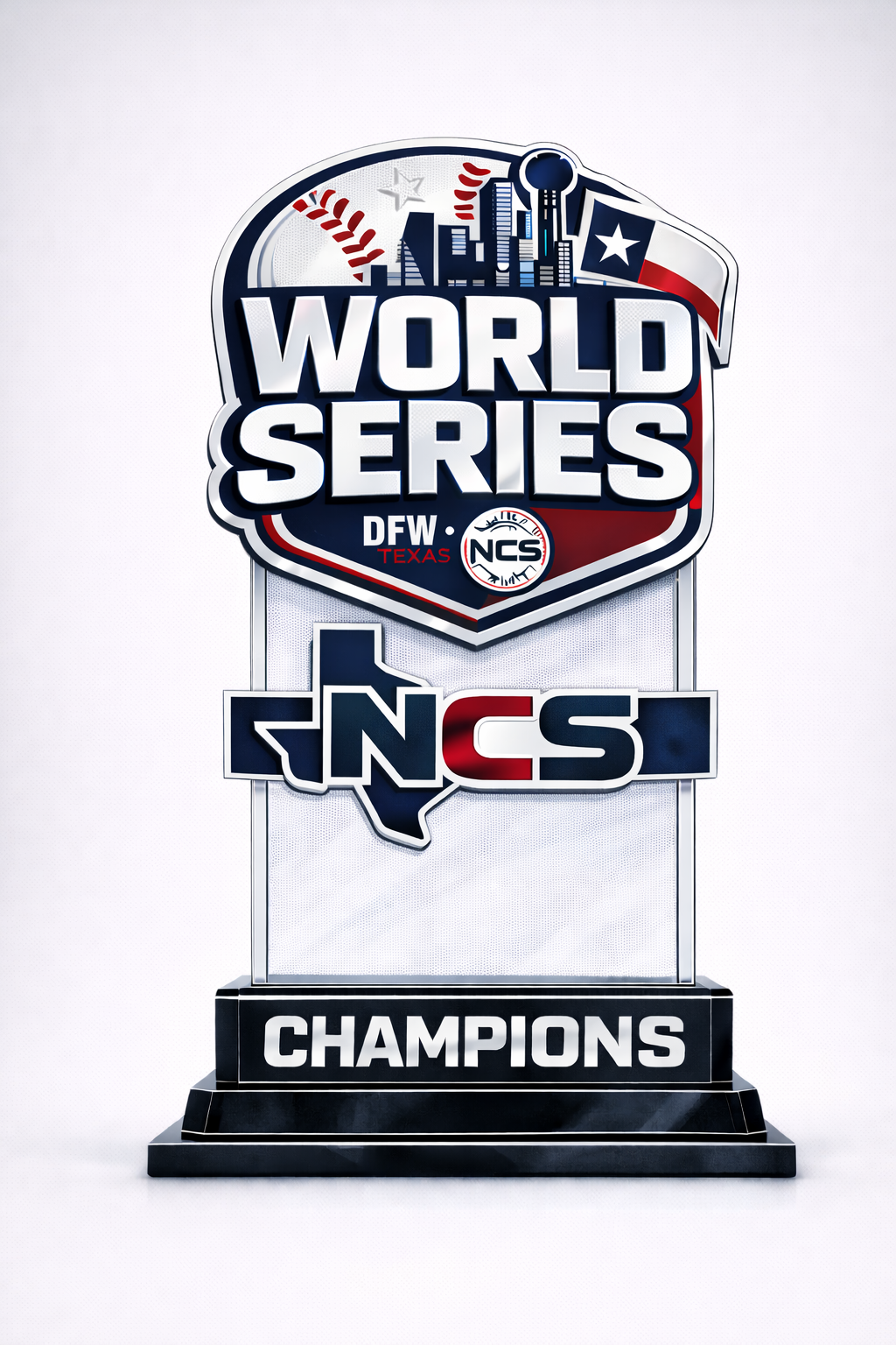 A trophy for the World Series champions featuring a logo with the city of Dallas, Texas, and the Texas Rangers baseball team.