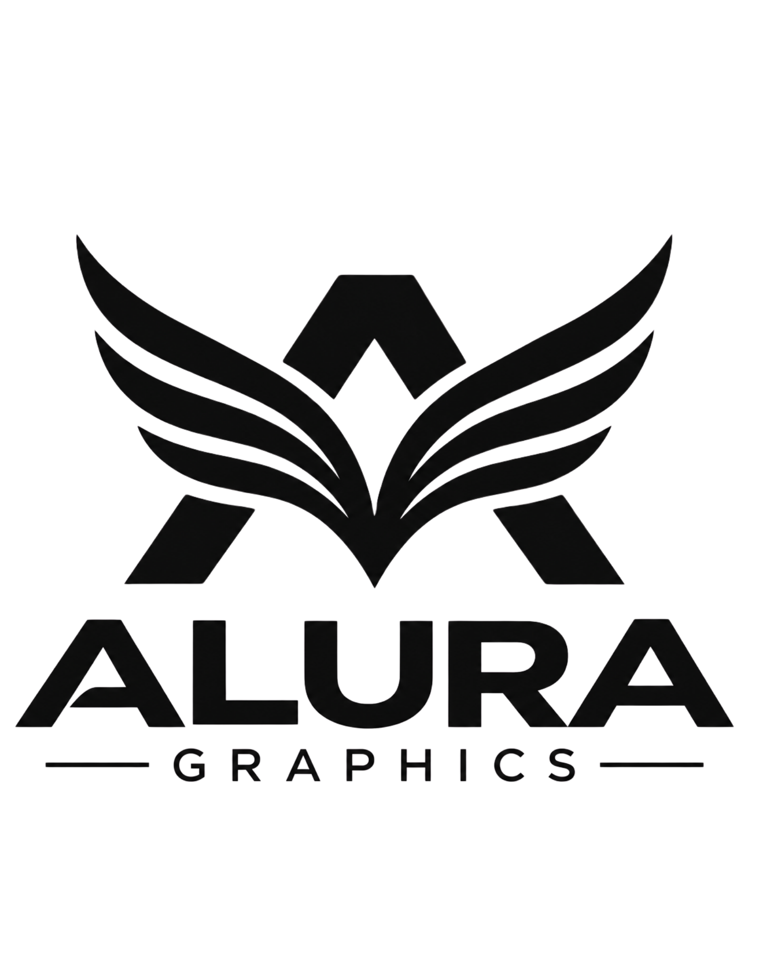 Black logo of Alura Graphics with a stylized laurel wreath and a shield in the center.