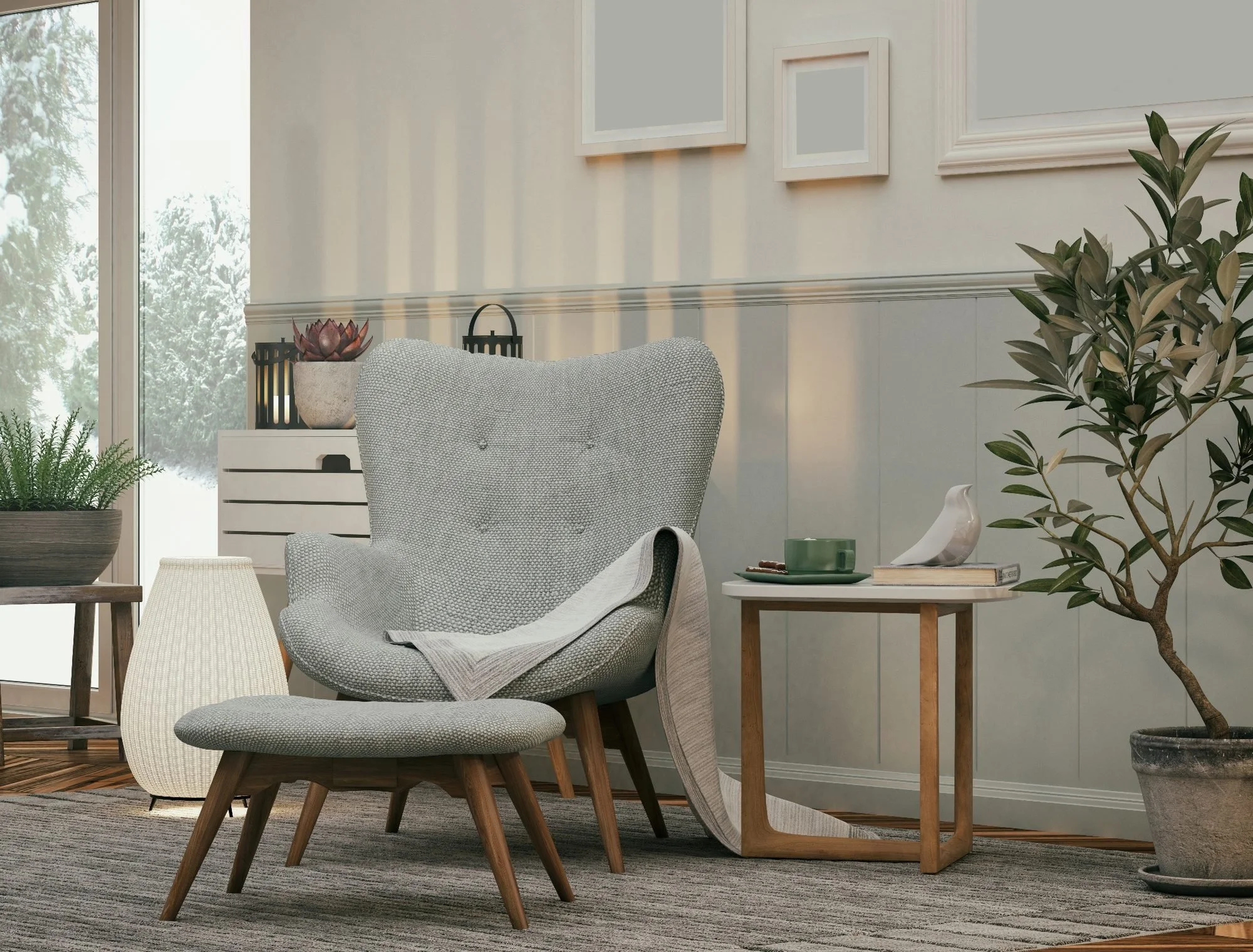 A cozy living room corner with a gray armchair, a small wooden side table, and various houseplants, including a large potted leafy plant and a smaller potted plant on a side table, with framed wall art and natural light coming through a window.
