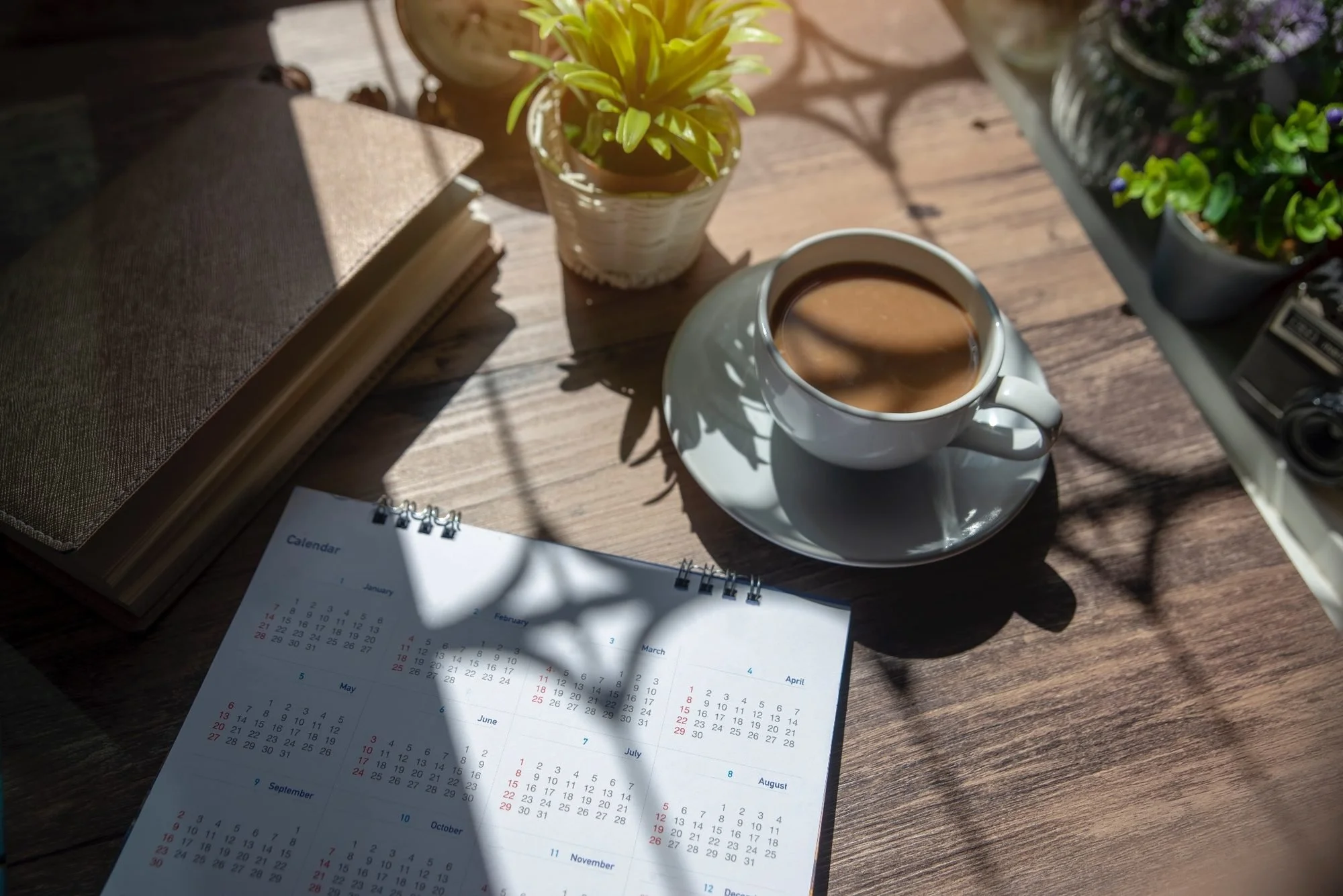 A wooden table with a white calendar open to the months of January to December, a coffee cup with coffee on a white saucer, a small potted plant with green leaves, a closed notebook, and a vintage camera, with sunlight casting shadows onto the table.