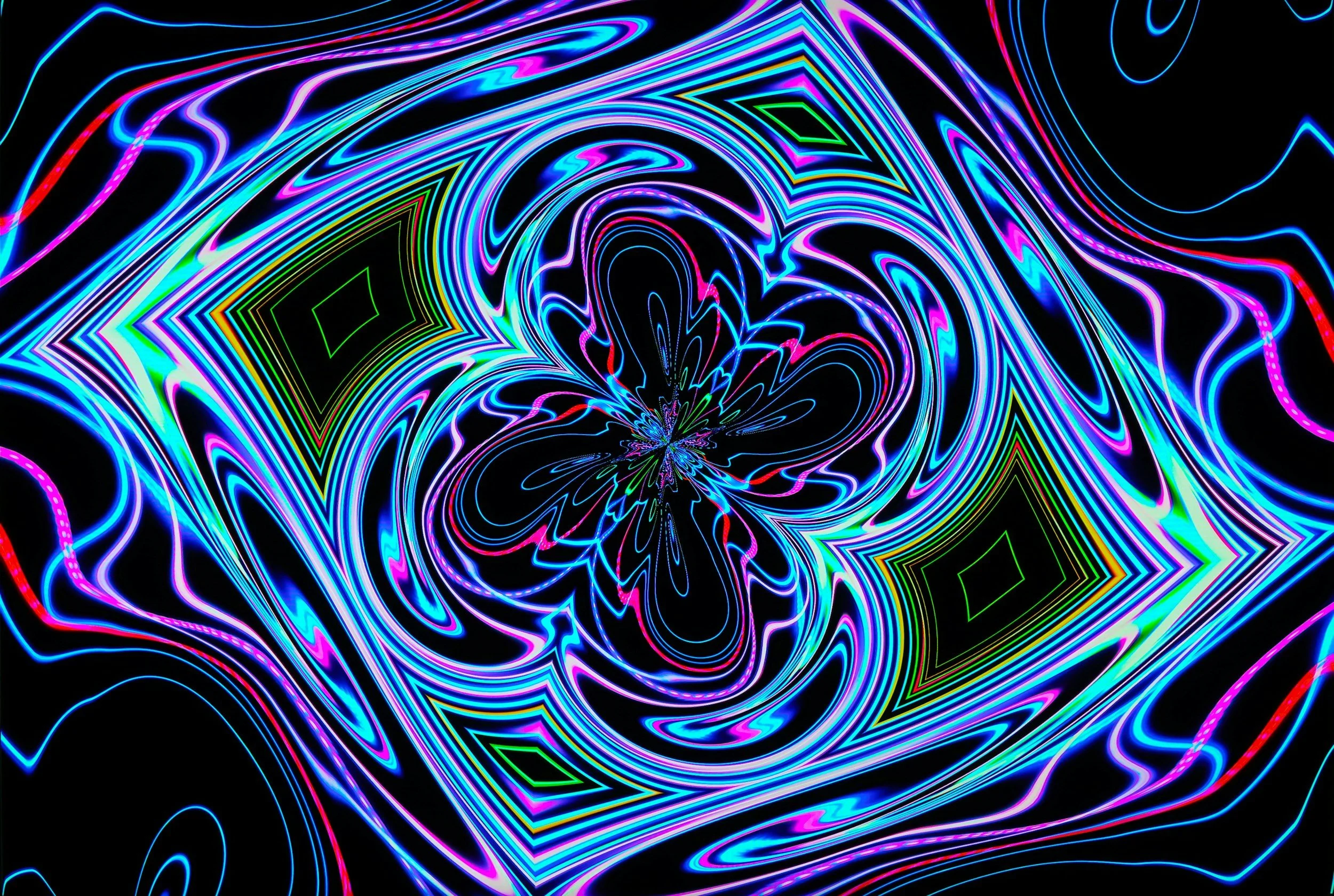 Colorful abstract neon light pattern with swirling lines and geometric shapes on a black background.