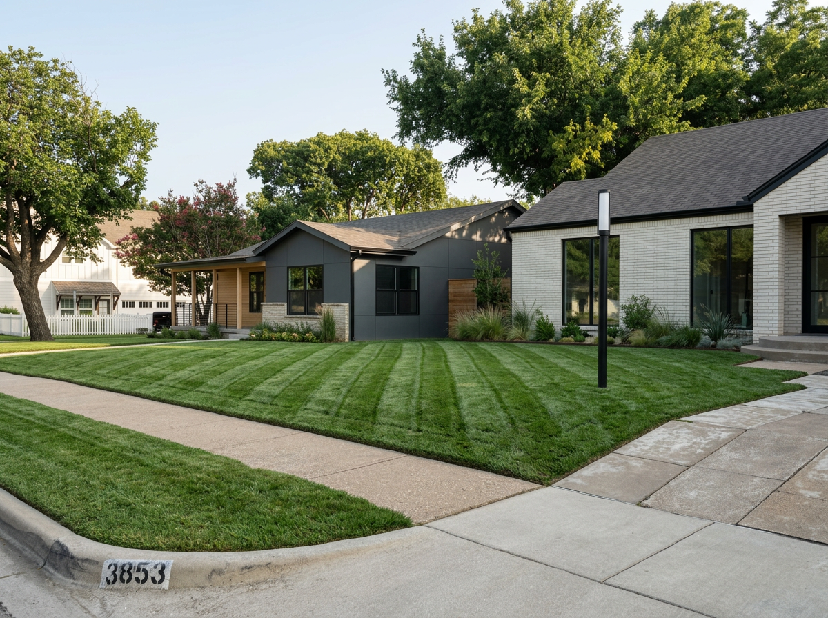 Front yard of a modern house with a well-maintained lawn, concrete pathway, and trees in the background.