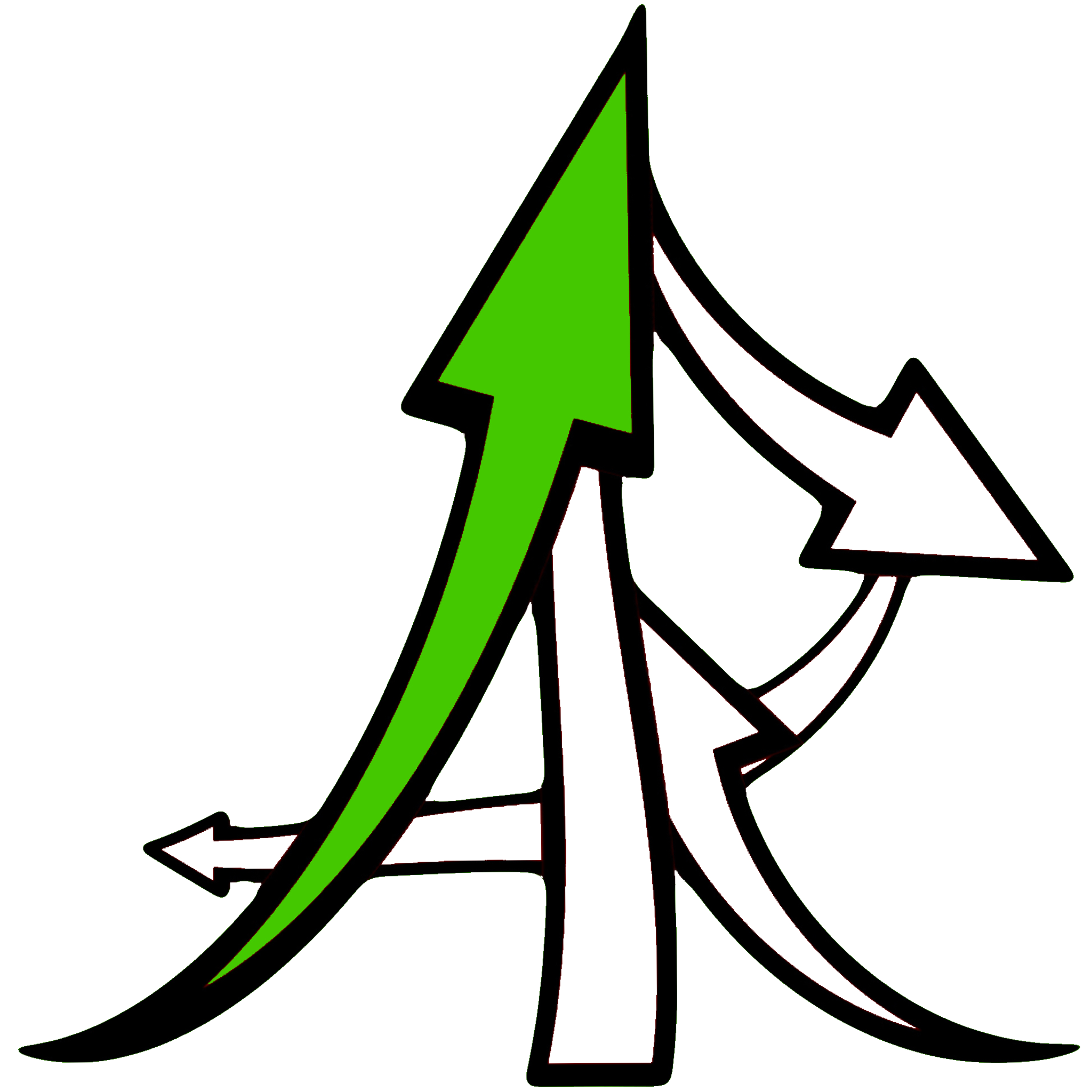 A digital graphic showing a green arrow pointing left, a white arrow pointing right, and a black arrow pointing up, all connected by black lines on a black background.