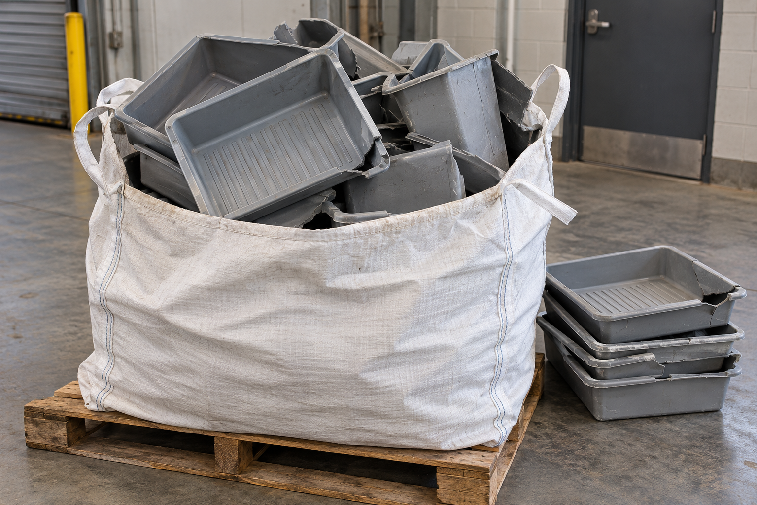 Damaged grey airport screening trays collected in a supersack on a pallet for recovery