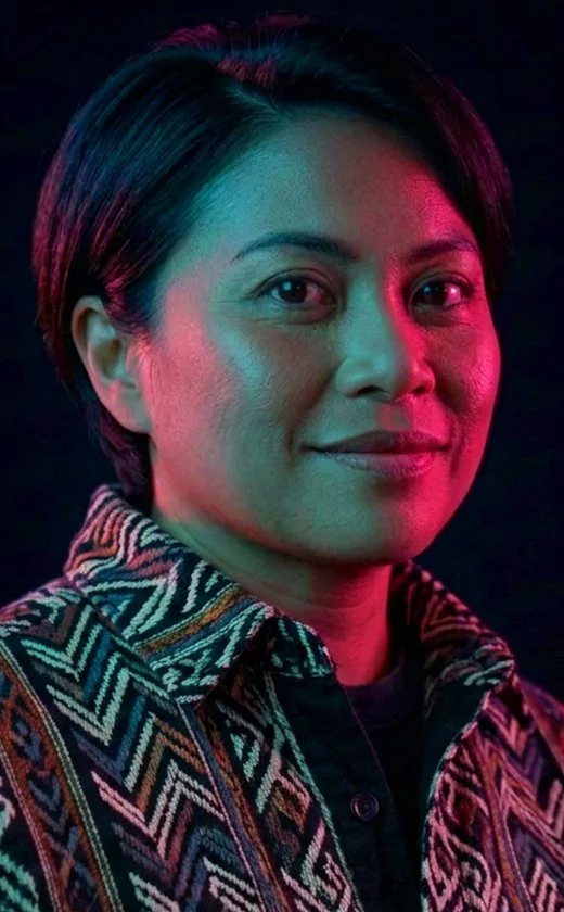 A woman with short dark hair, wearing a patterned jacket, looking at the camera against a dark background with pink and green lighting.