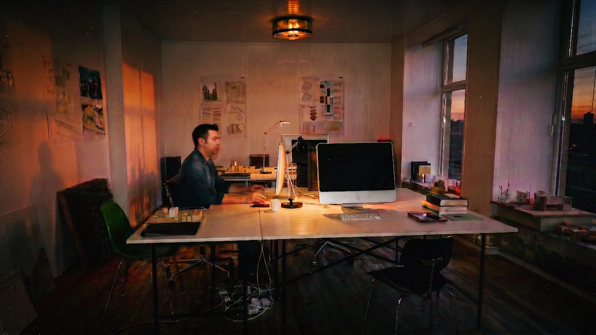 Man working at a computer in a warmly lit modern home office at sunset