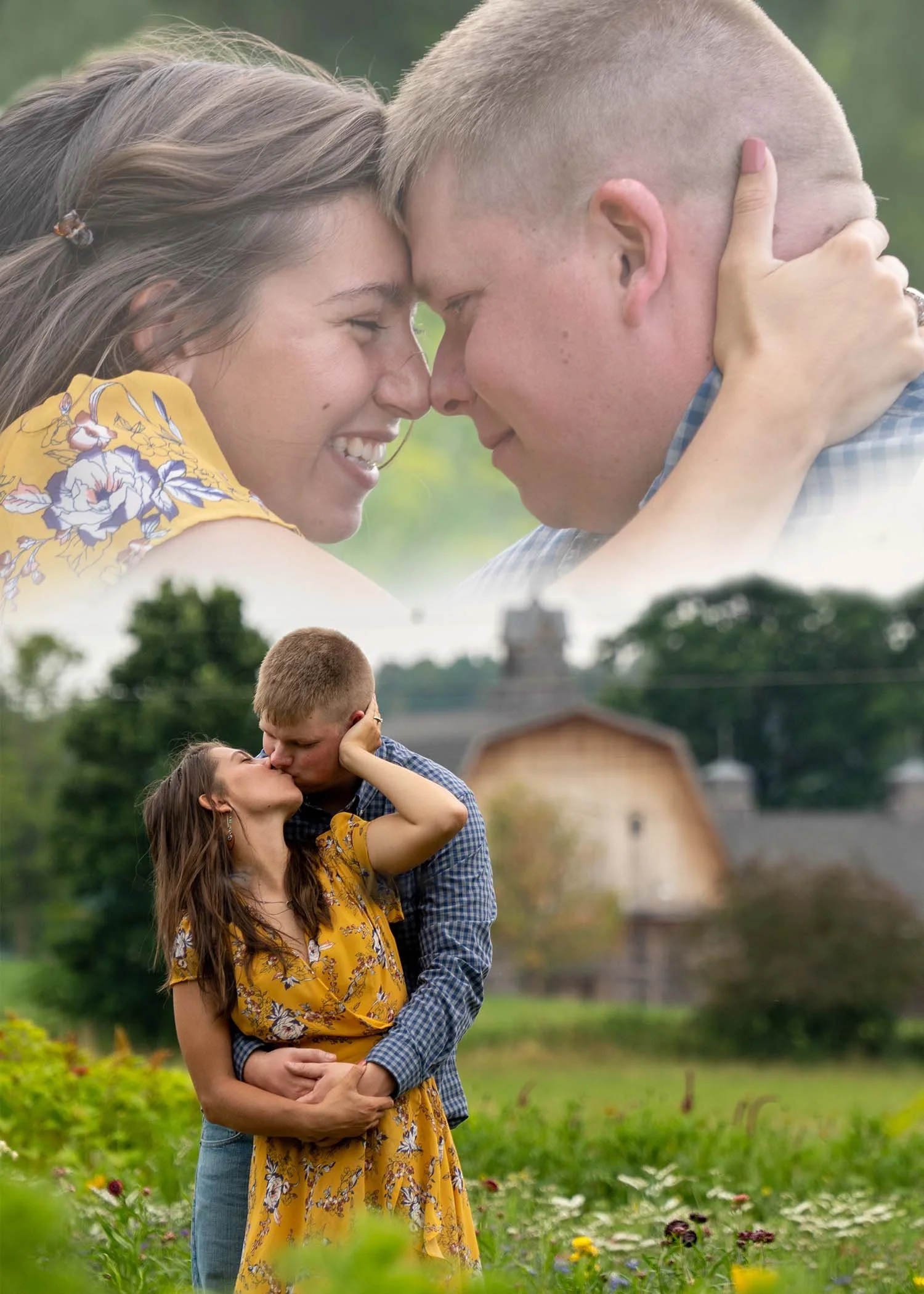 A couple shares a romantic embrace and kiss outdoors in a green garden, with a barn in the background.