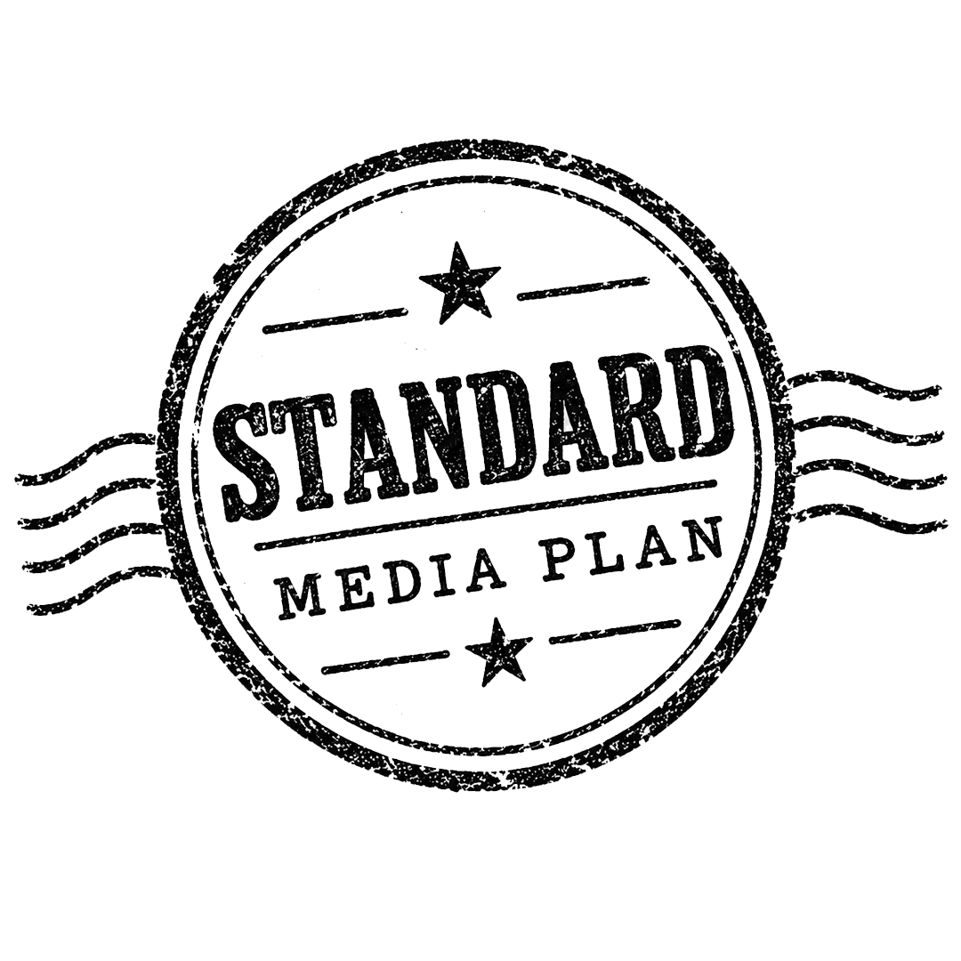 A circular, stamp-like graphic with the words 'Standard Media Plan' in the center, two stars, and wavy lines on either side.