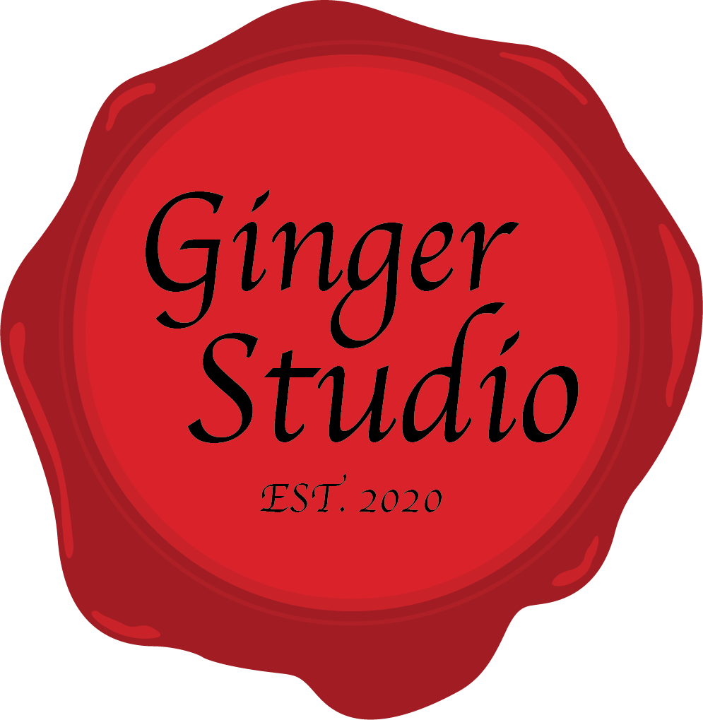 Logo for Ginger Studio featuring a red wax seal with black text that says 'Ginger Studio' and 'Est. 2020'.