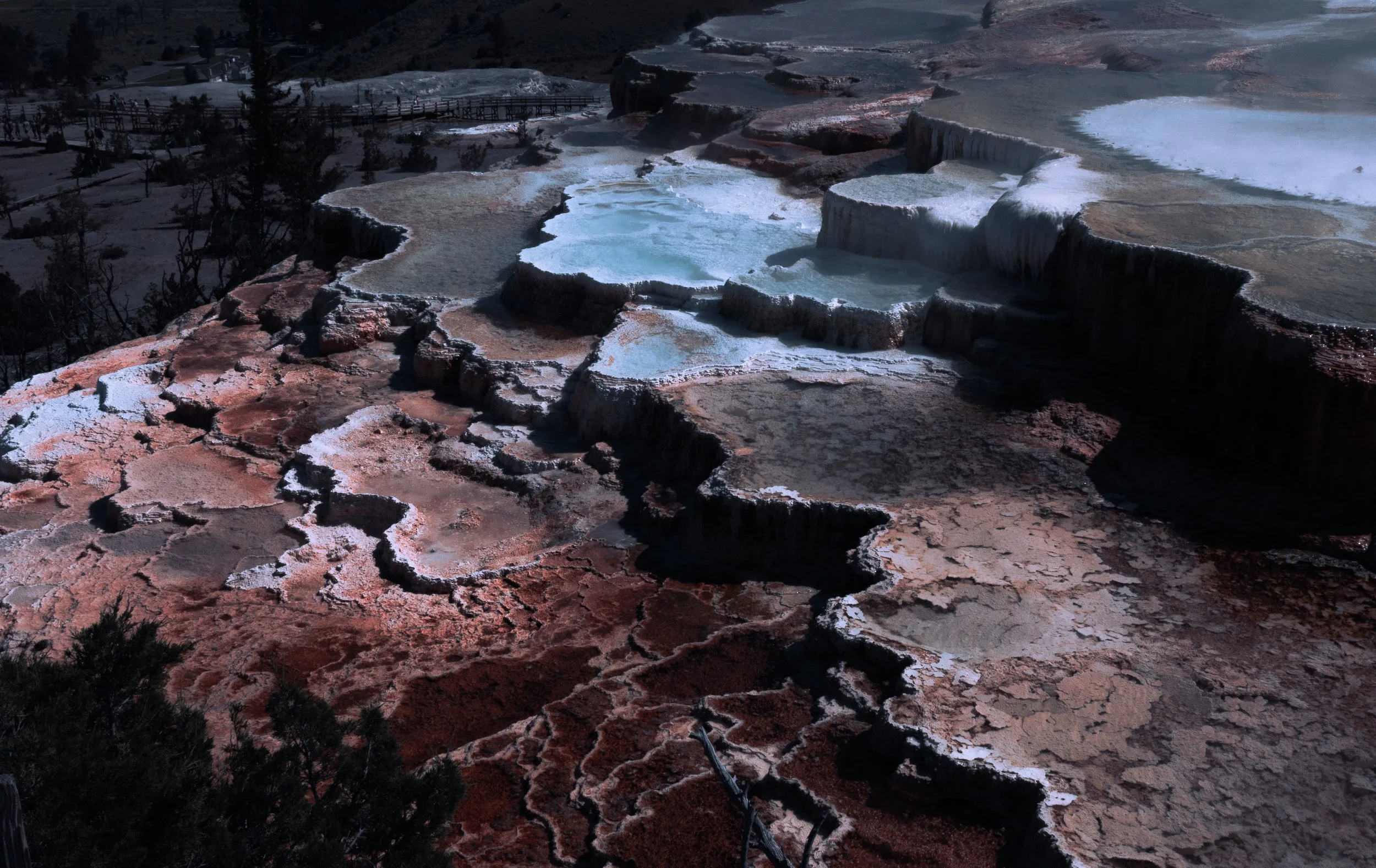 Hot springs with colorful mineral deposits and steam, surrounded by trees and landscape at night.