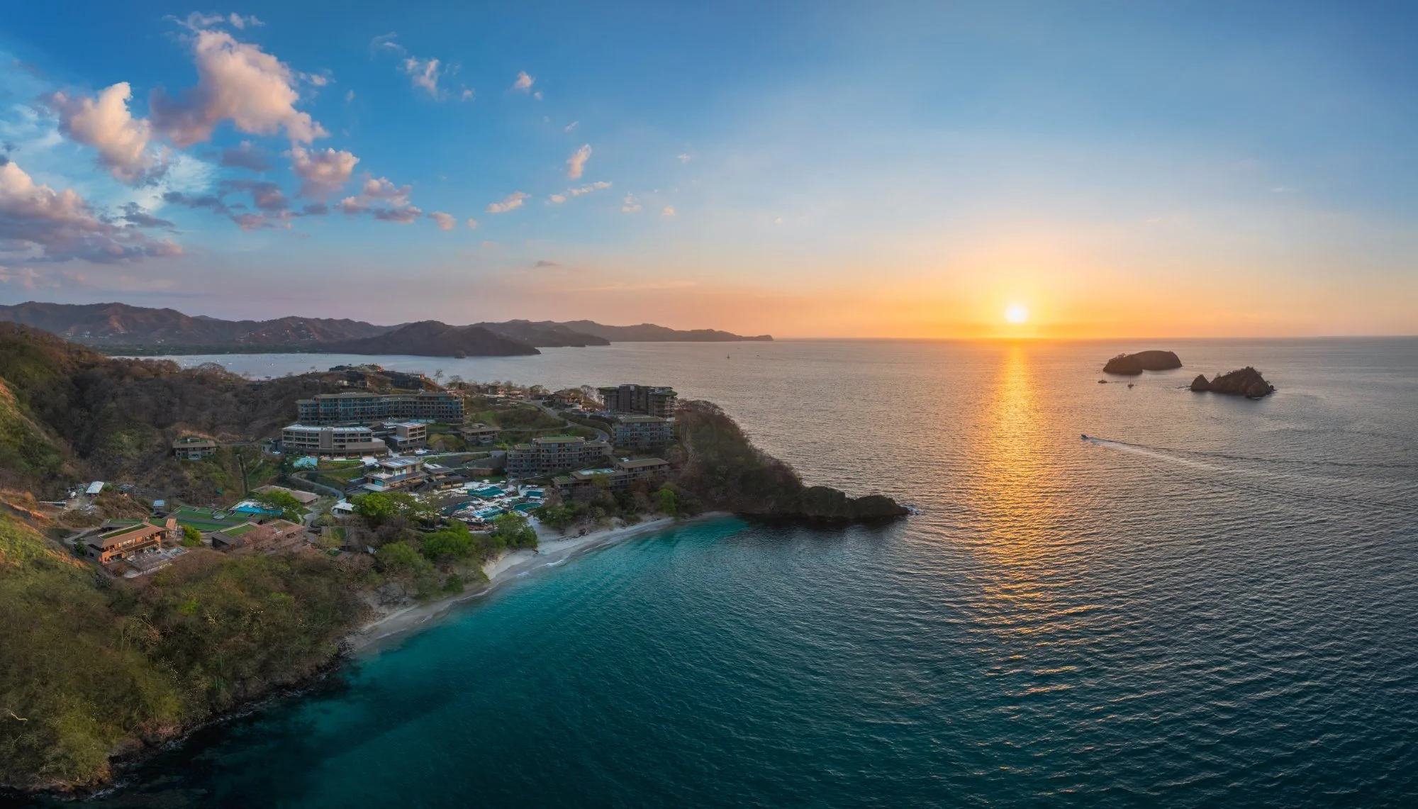 Aerial view of Peninsula Papagayo at sunset, Guanacaste, Costa Rica