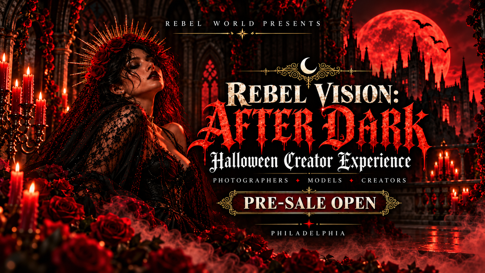 Dark fantasy-themed promotional poster for 'Rebel Vision: After Dark Halloween Creator Experience' featuring a woman in gothic attire, red roses, candles, and a haunted castle under a blood-red moon in Philadelphia.