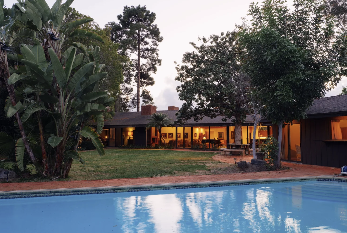 The Van Sicklen House by Richard Neutra in Rancho Santa Fe, a long redwood house under a single shed roof.