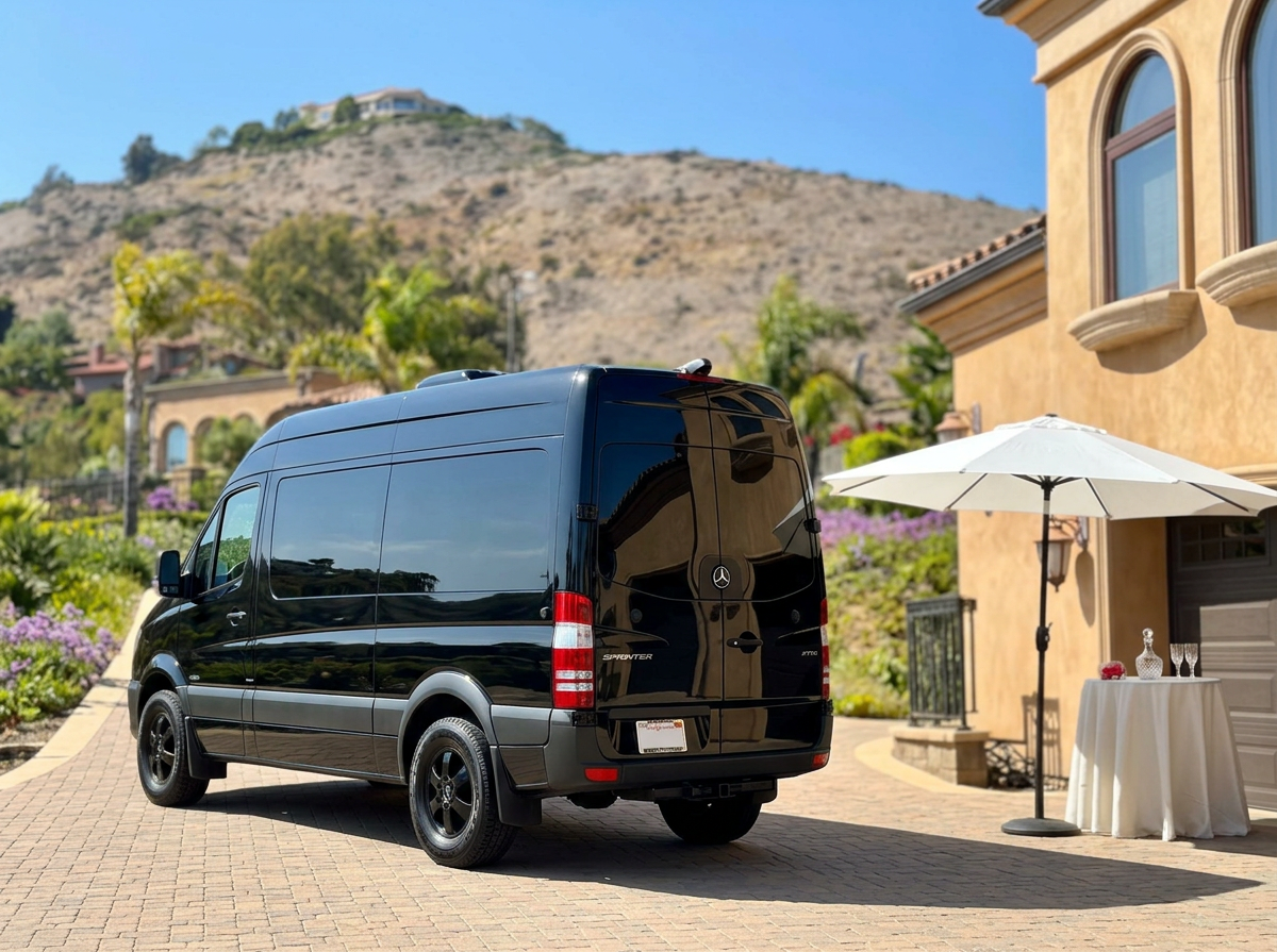 A black Mercedes-Benz Sprinter van parked on a brick driveway in front of a yellow house with a white patio umbrella and a small table with glasses and a decanter, with hills and greenery in the background.