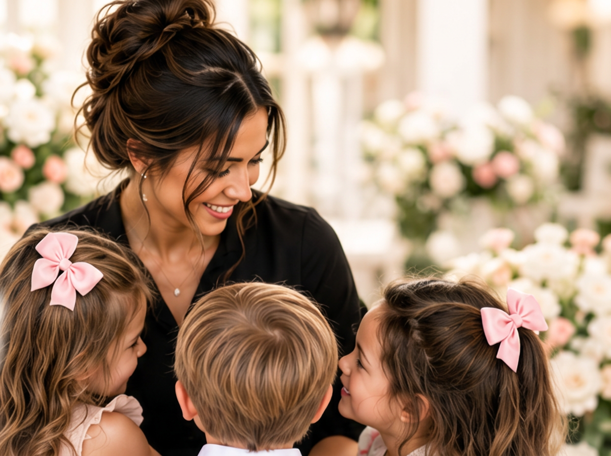 A woman with dark brown hair styled in loose waves, smiling and looking at two young girls and a boy, in a floral shop with pink and white flowers in the background. The girls have pink bows in their hair, and the boy has short, light-colored hair.