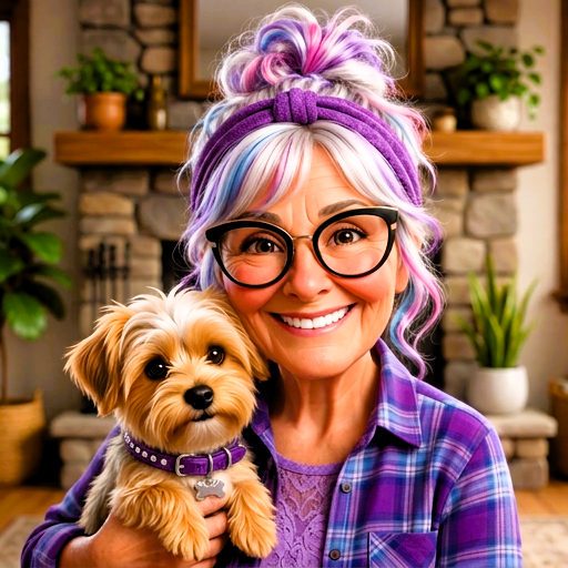 A woman with colorful rainbow hair, wearing glasses, a purple headband, and a purple plaid shirt, smiling and holding a small tan dog with a purple collar inside a cozy living room with a stone fireplace and green plants.