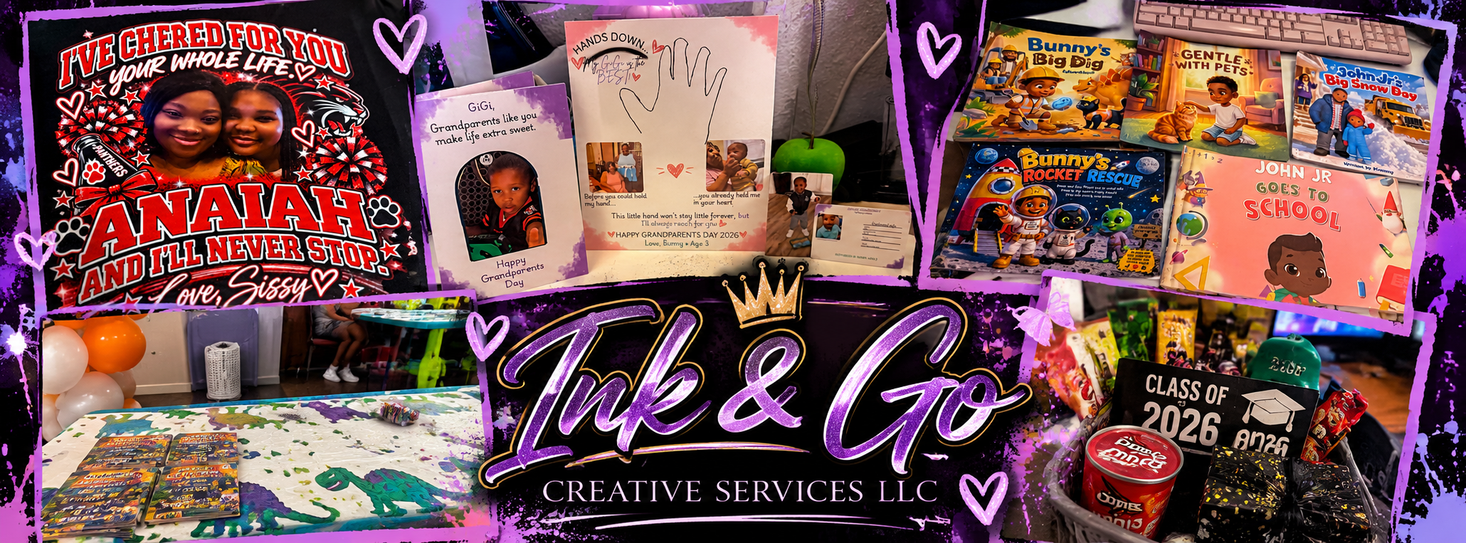 Collage showcasing custom apparel, personalized keepsakes, children’s storybooks, party designs, and other creations by Ink & Go Creative Services.