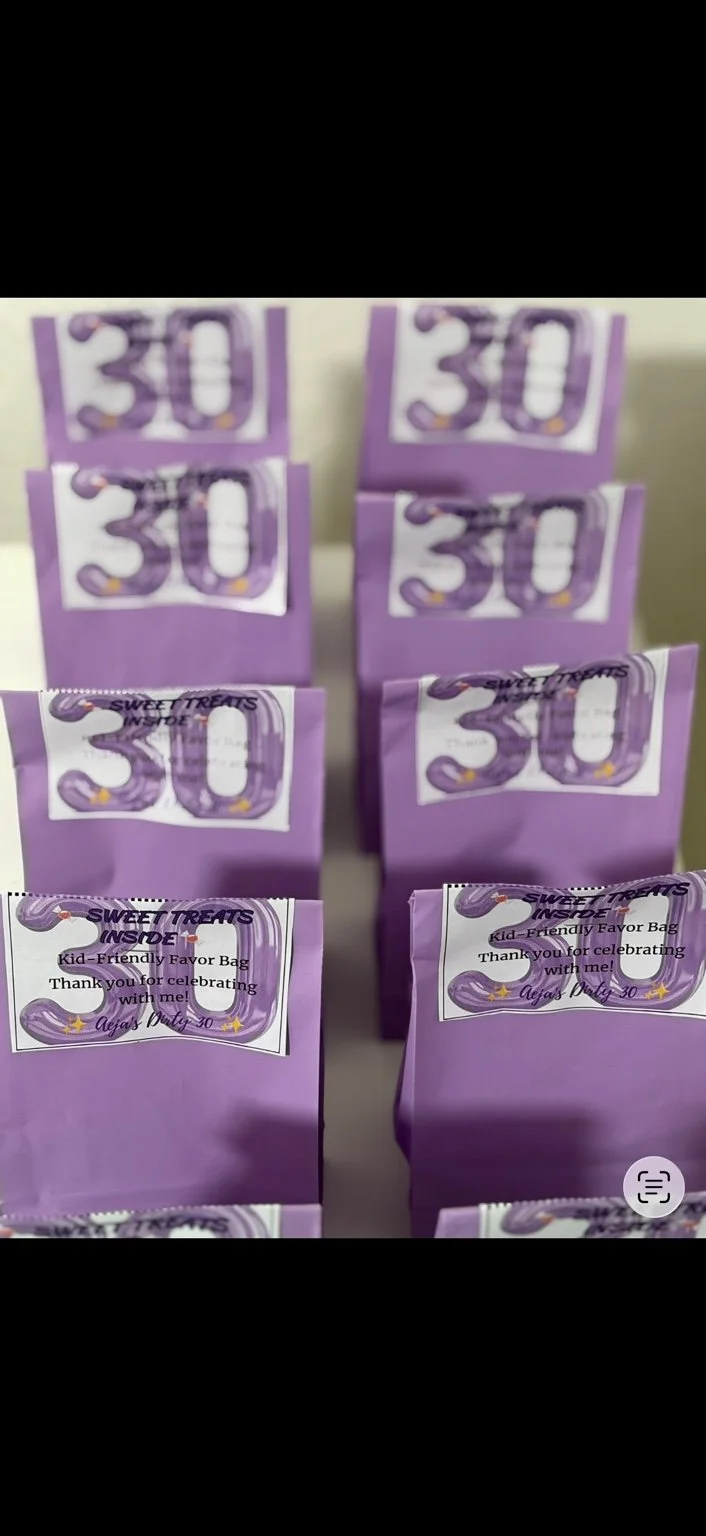 Personalized purple kid-friendly favor bags created for a special celebration.