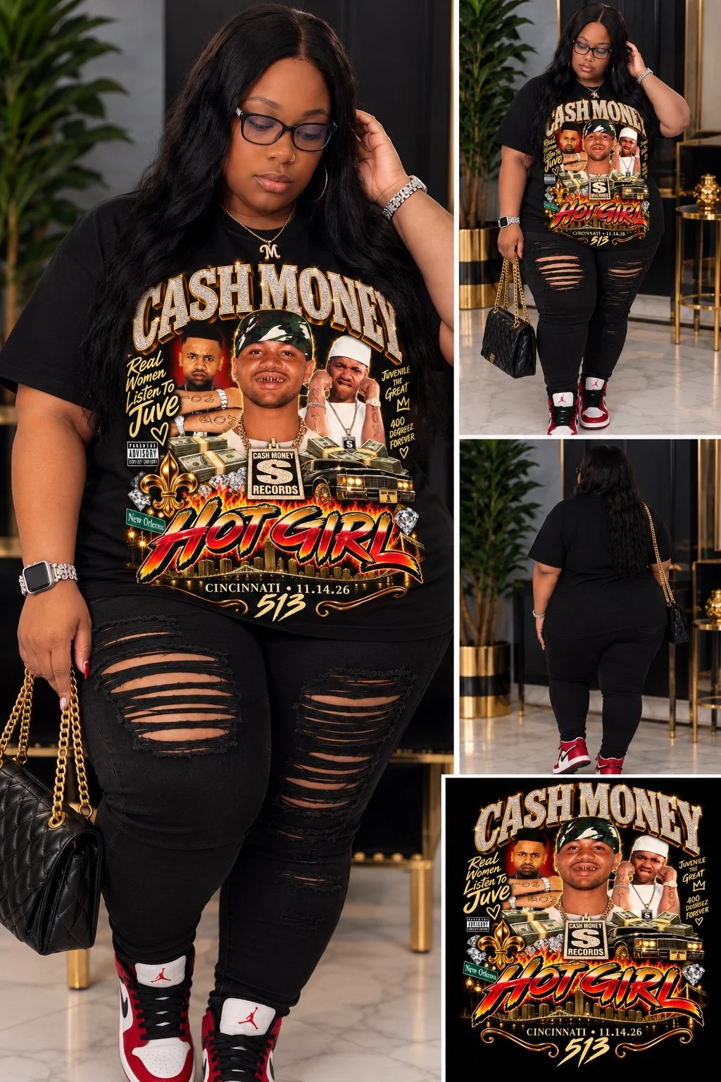 Custom Cash Money and No Limit concert T-shirt styled as part of a coordinated concert outfit.