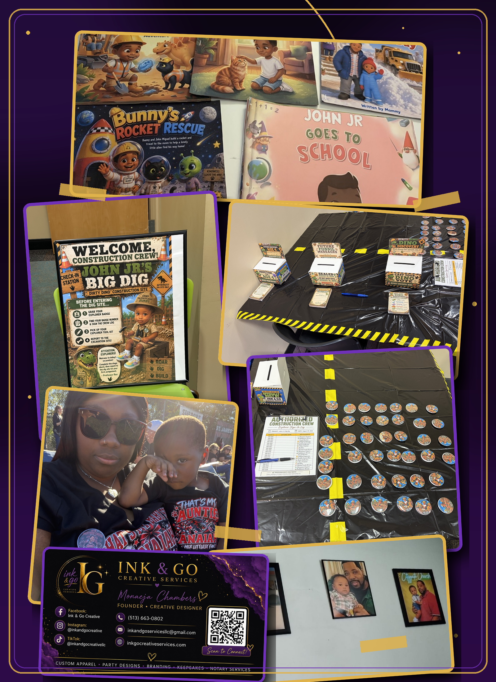 Collage showcasing Ink & Go Creative Services projects, including personalized children’s books, party designs, keepsakes, and family-inspired creations.