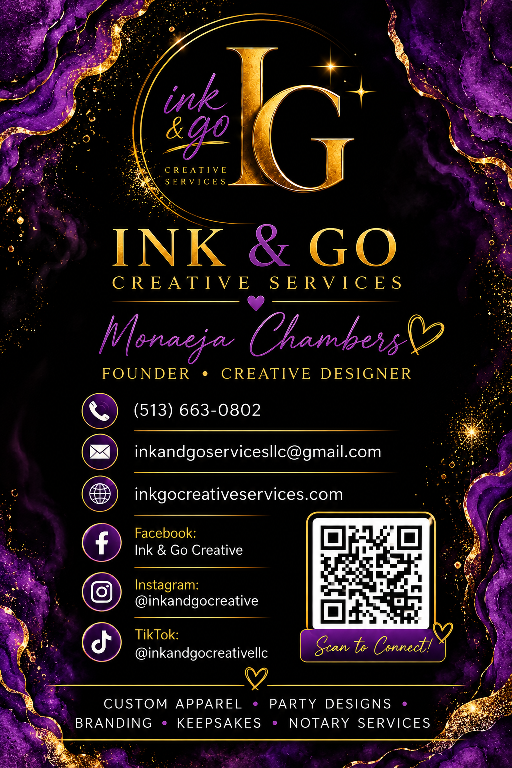 Ink & Go Creative Services business card featuring purple and gold branding, contact information, social media details, and QR code.