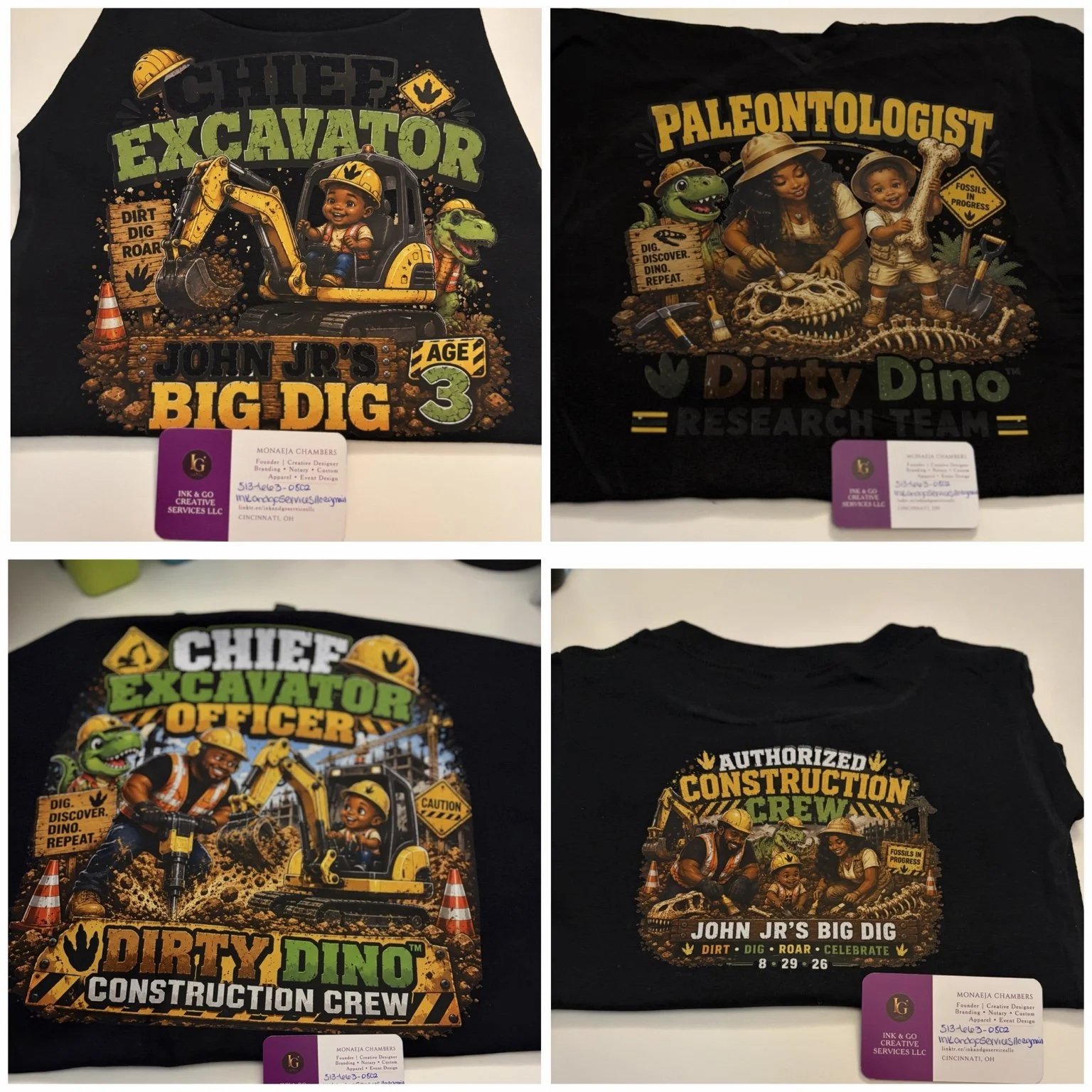 Four black T-shirts featuring construction and excavation themes for young children. The designs include cartoon characters, construction equipment, safety signs, and slogans such as 'Chief Excavator,' 'Big Dig,' 'Paleontologist,' and 'Research Team.'