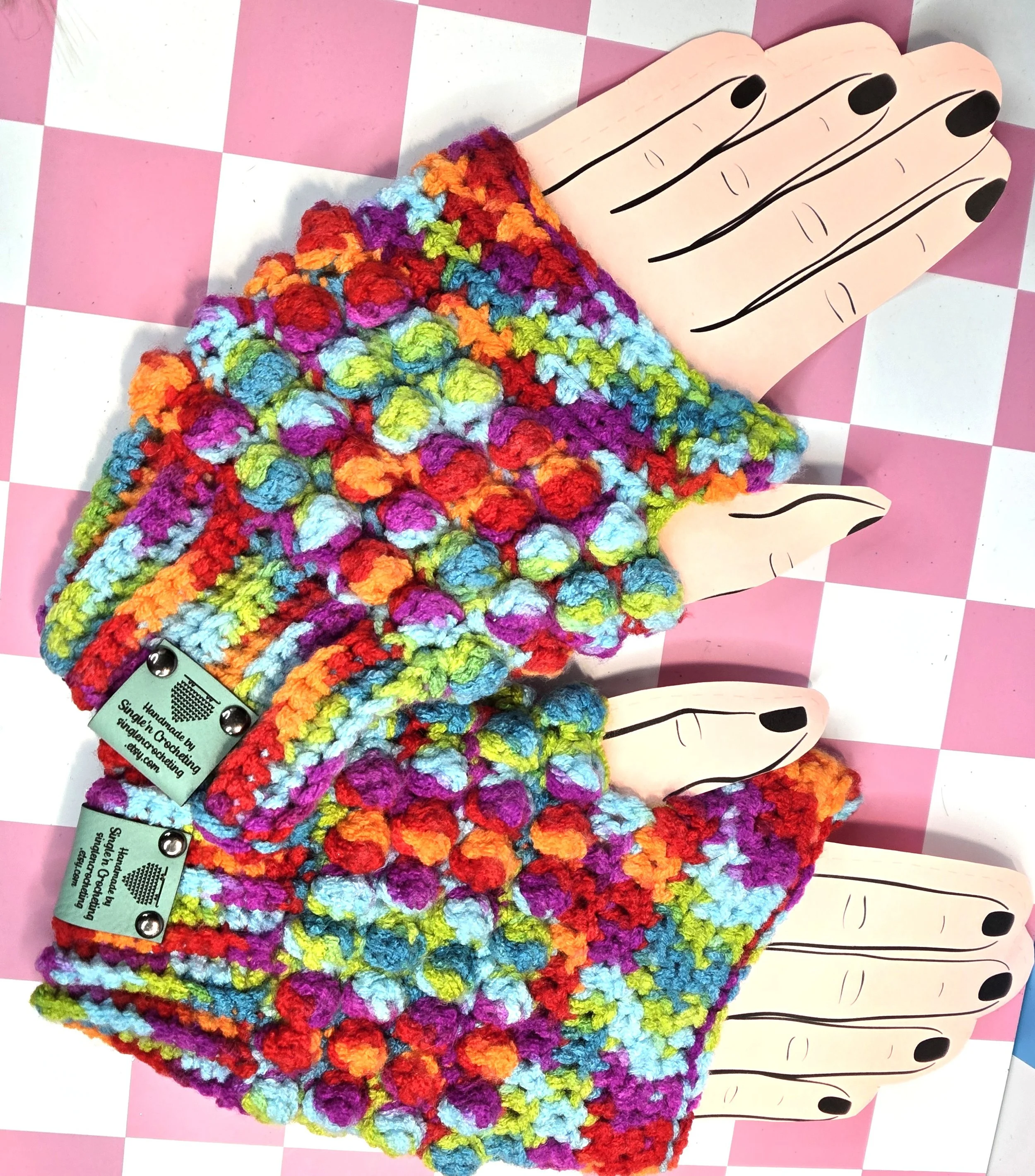 Handmade Crochet Fingerless Gloves — Rainbow Carnival Bobble!