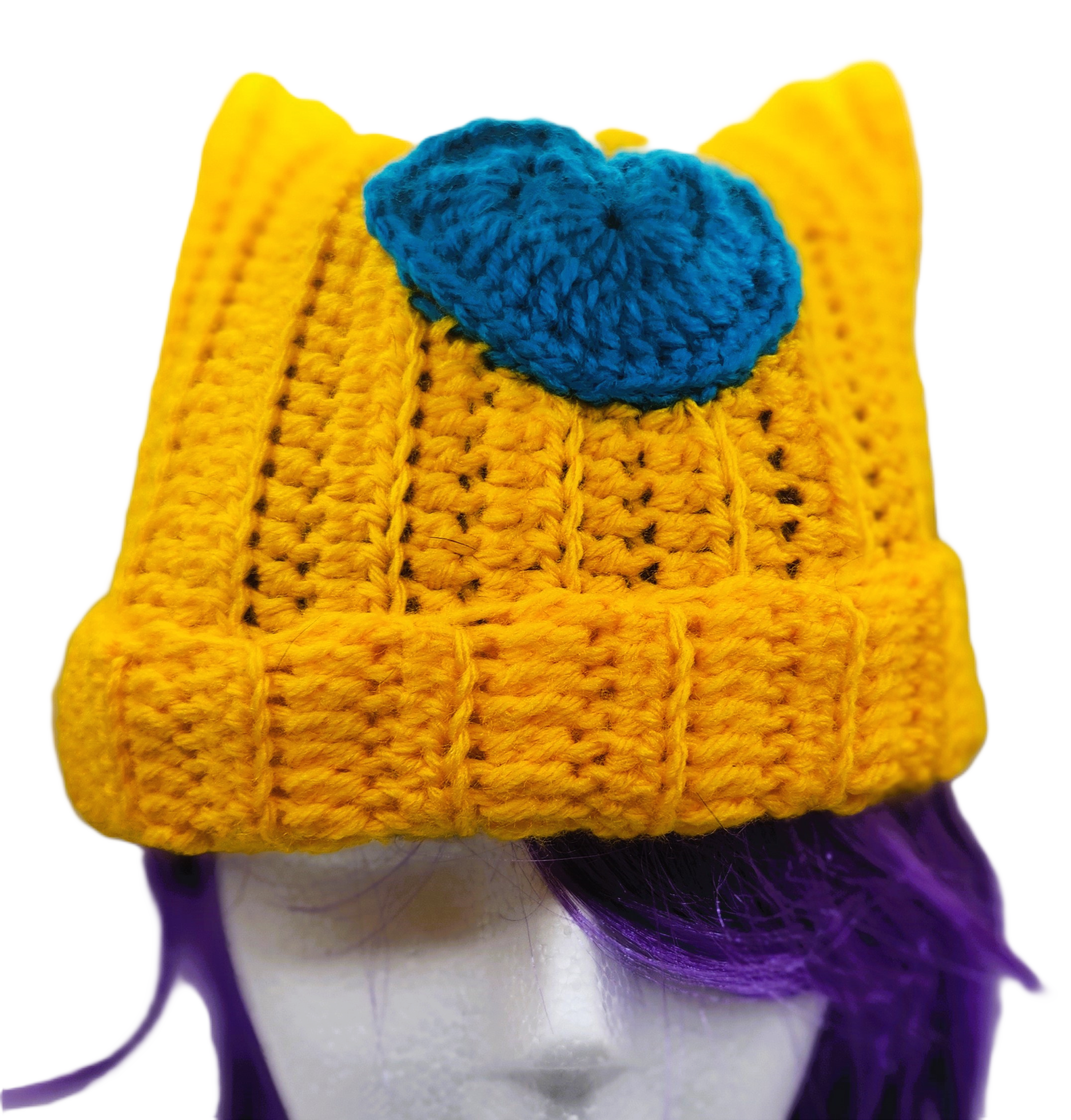 Handmade Crochet Cat Ear Beanie — Sunshine Kitty with Blue Heart!