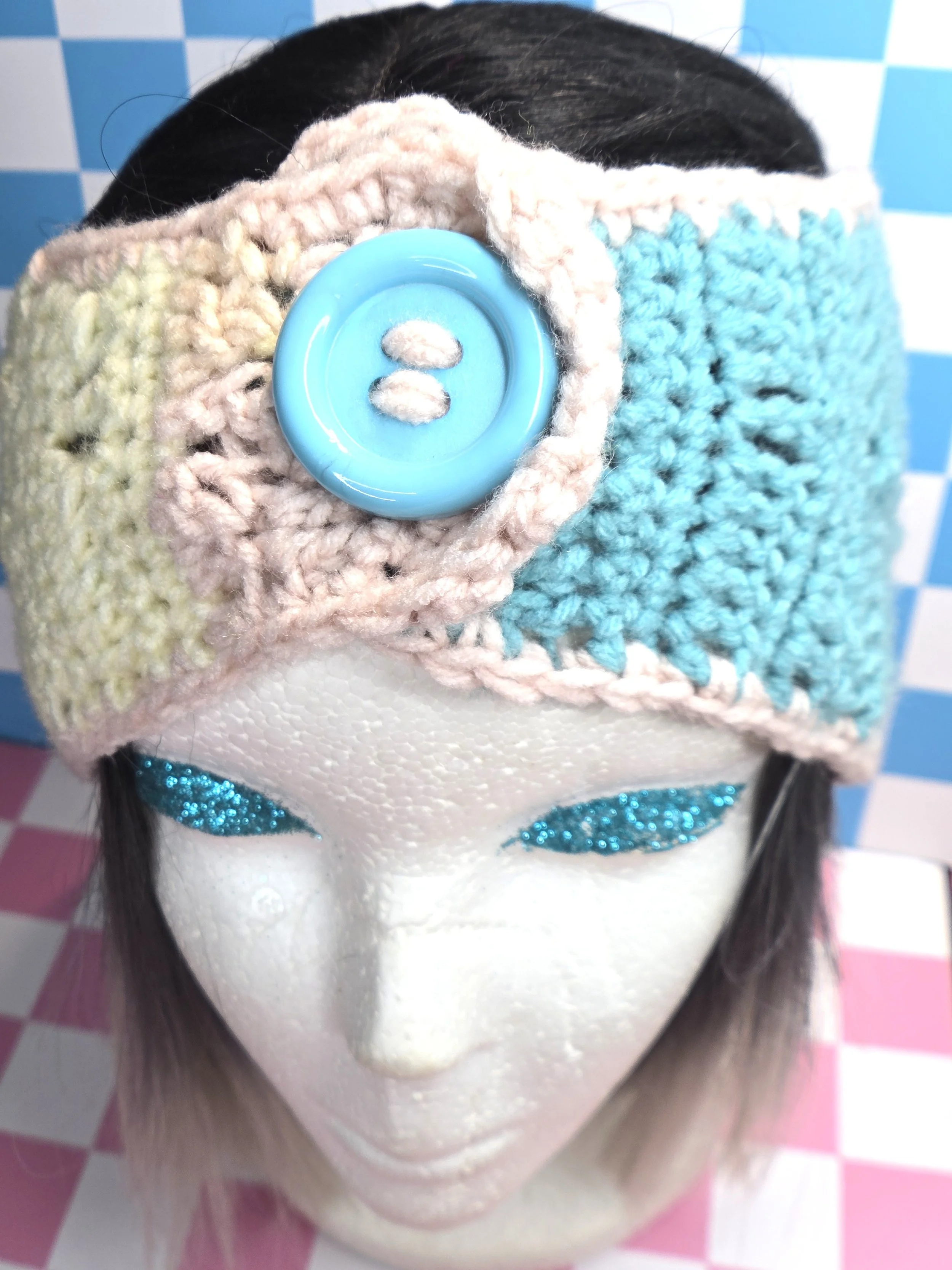 Silver Sage & Ocean Teal Granny Square Button Headband