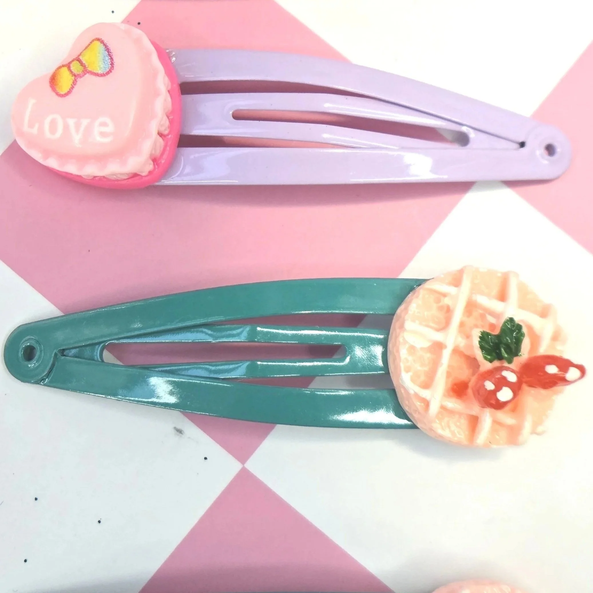 💜🧇 Kawaii Love & Waffles Barrette Sets — Love Heart & Strawberry Waffle!