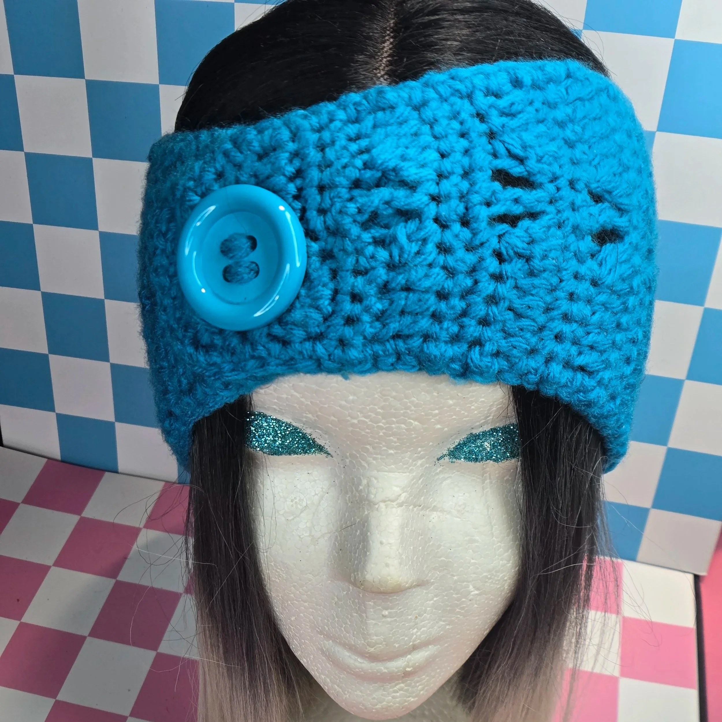 Electric Turquoise Fan Stitch Button Headband