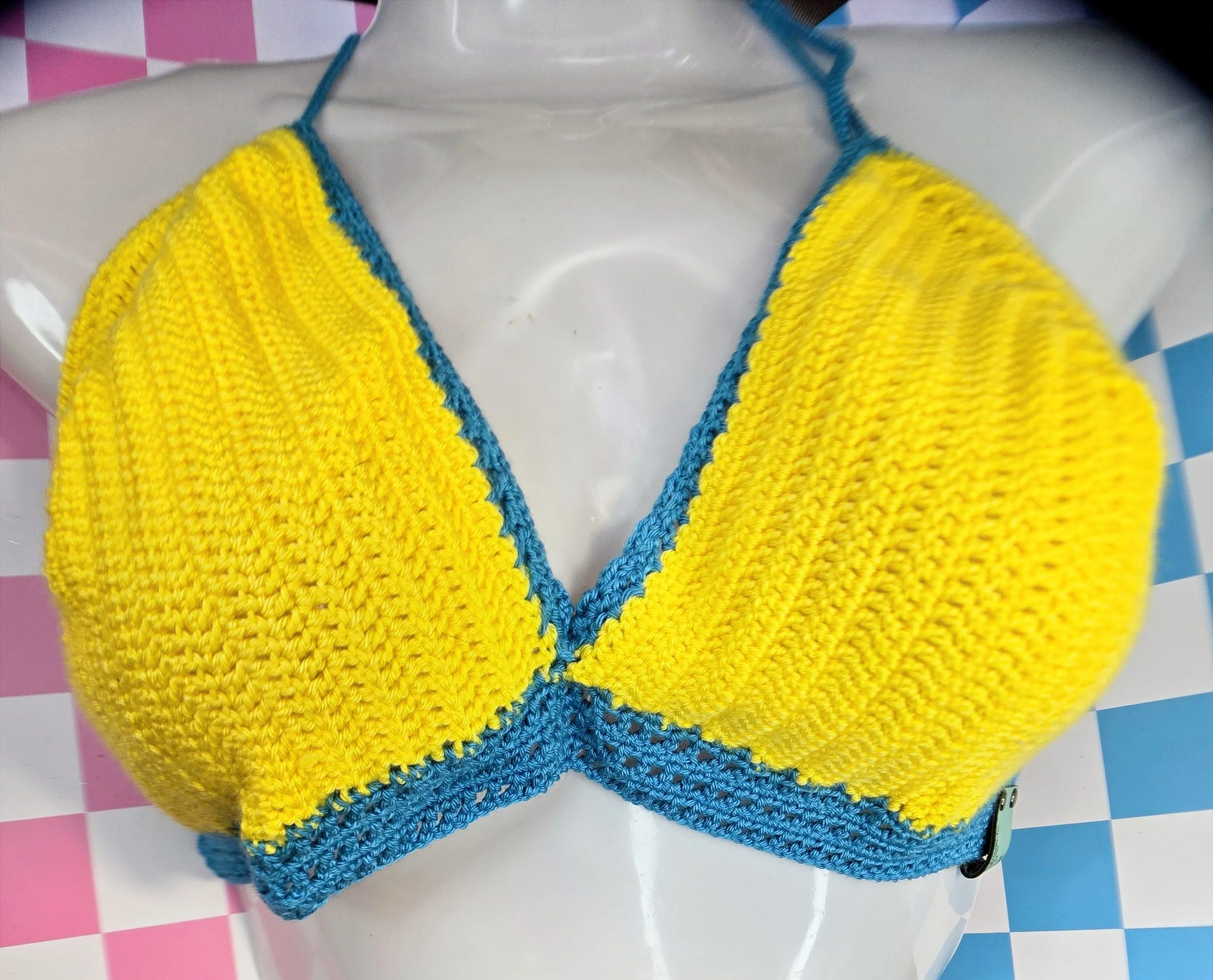 Sunshine & Teal Crochet Bikini Top — DD Cup
