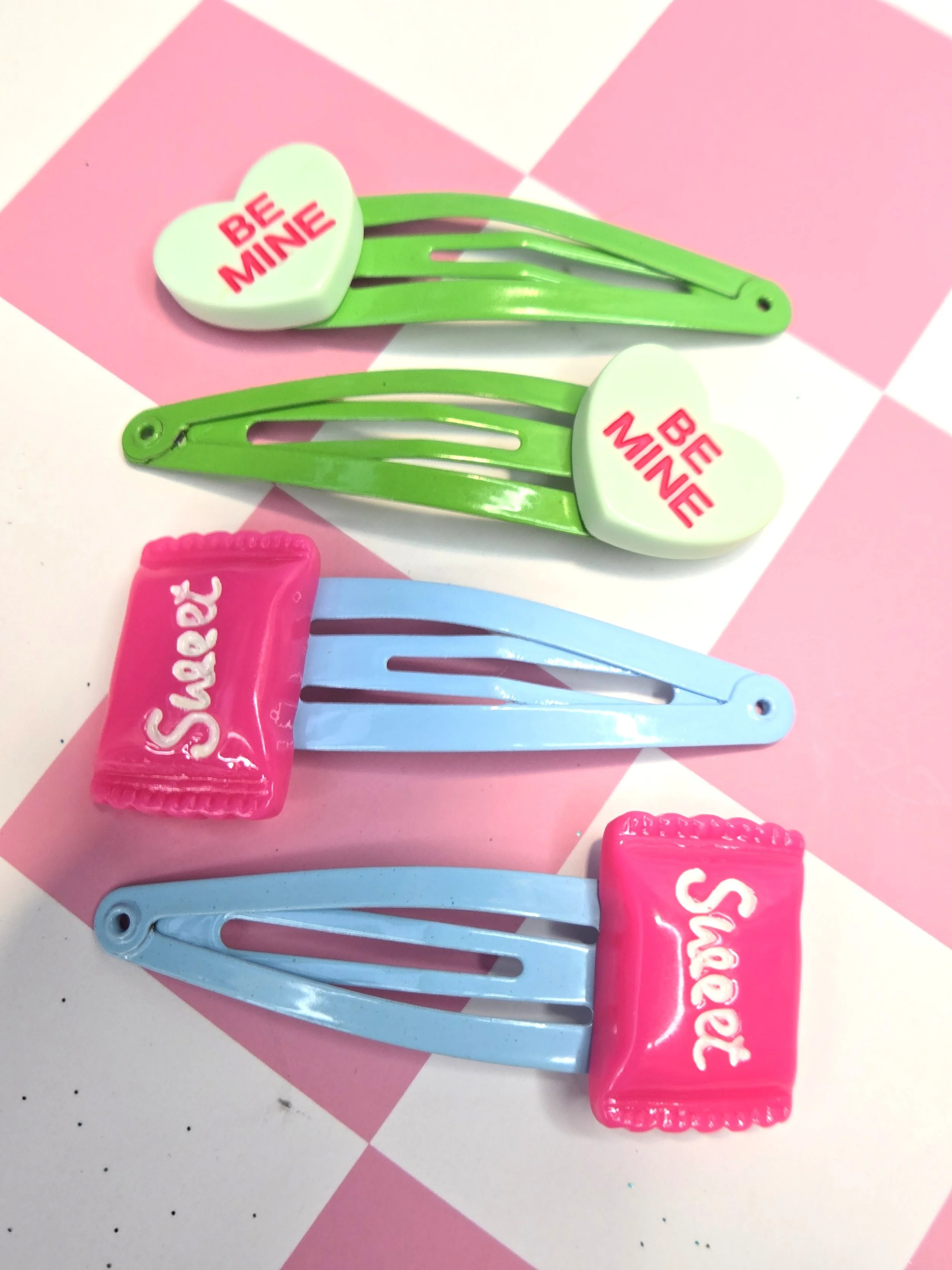 💚🍬 Kawaii Candy Hearts Barrette Sets — Be Mine & Sweet Candy!