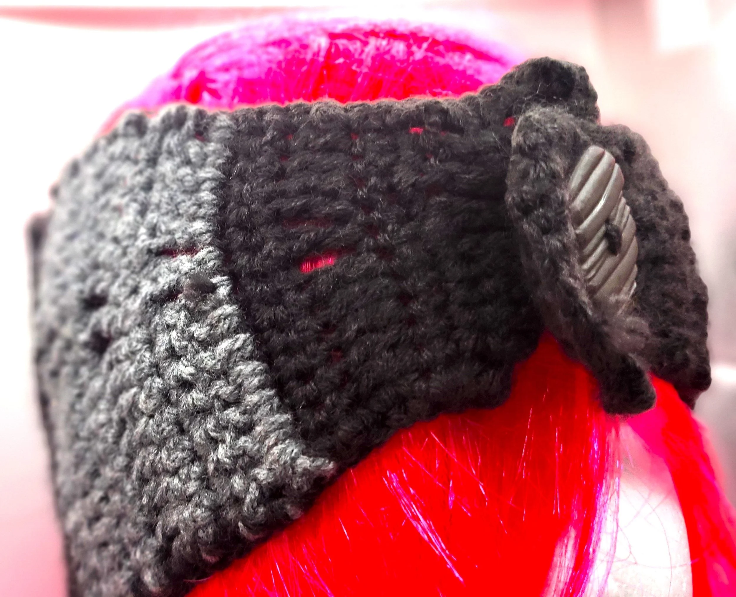 Black and gray striped crochet headband with gray button.jpg