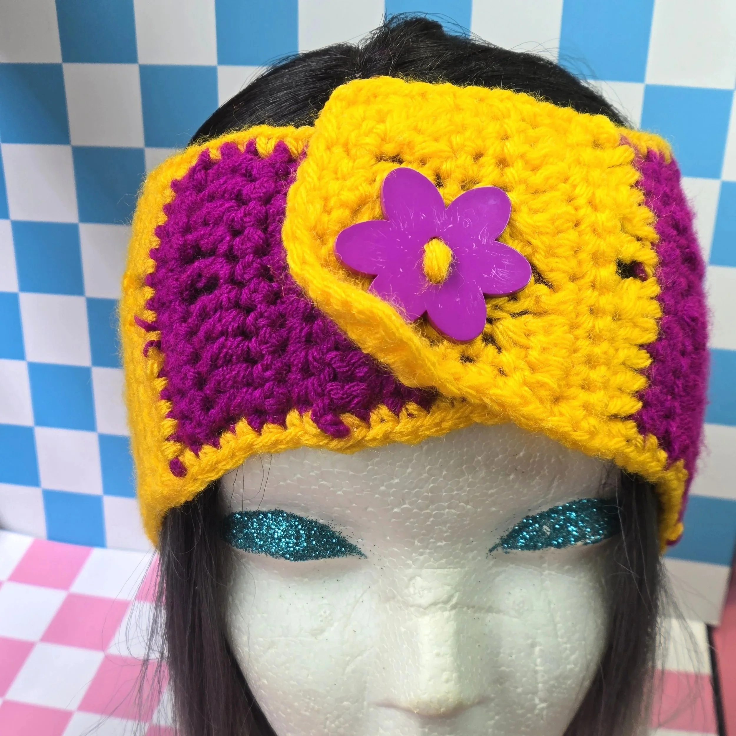 Sunshine & Magenta Granny Square Flower Button Headband