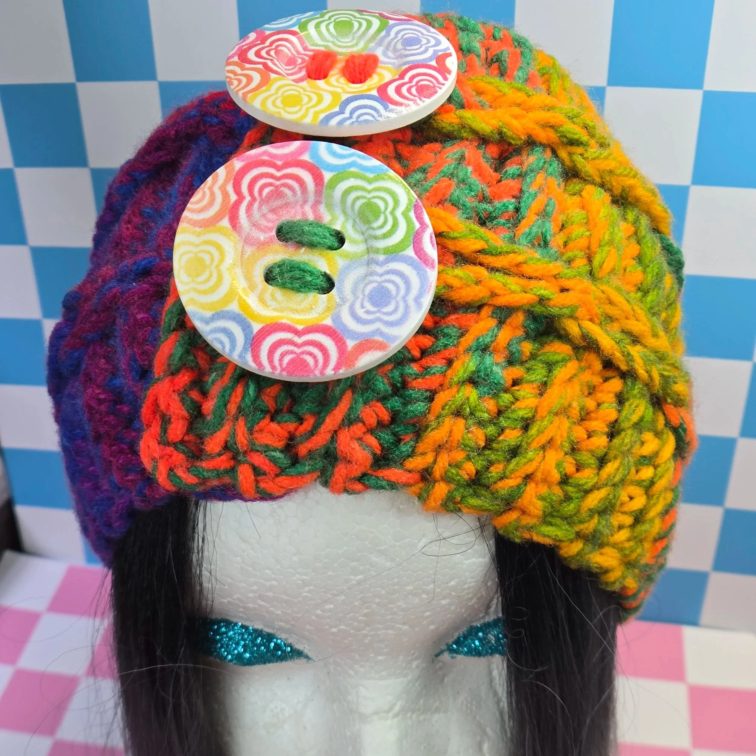 🌅🪡 Handmade Crochet Winter Headband — Sunset Sorbet with Double Button!