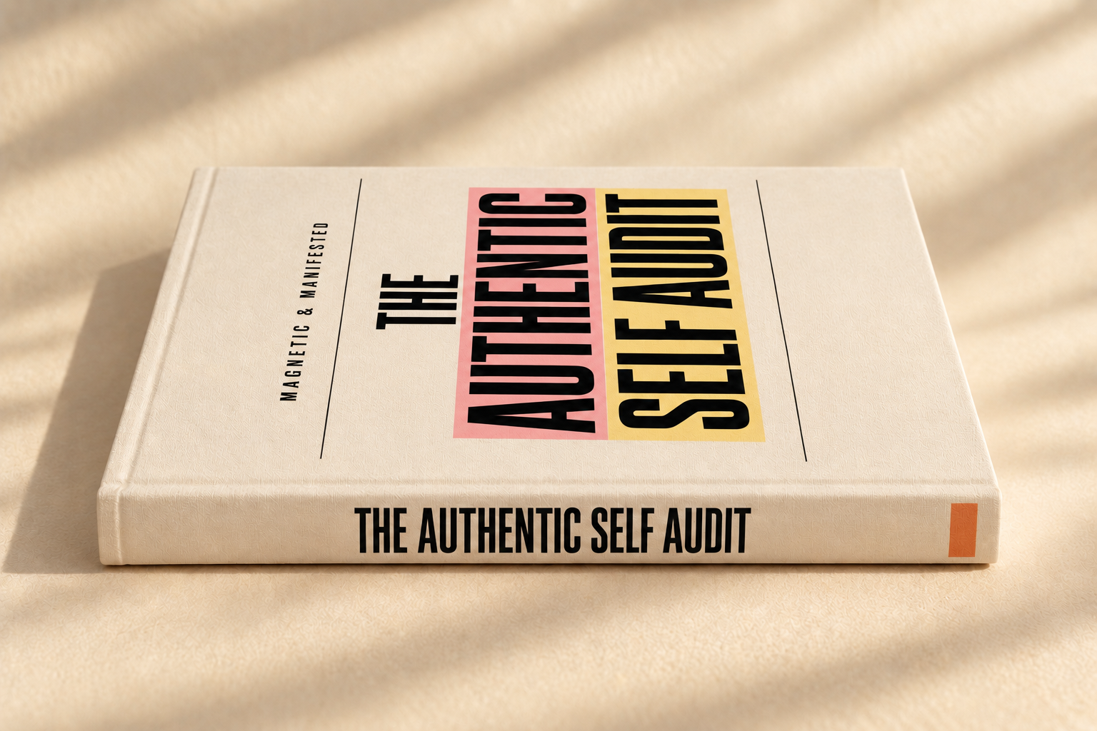 A hardcover book titled 'The Authentic Self Audit' lying on a beige surface with soft shadows.