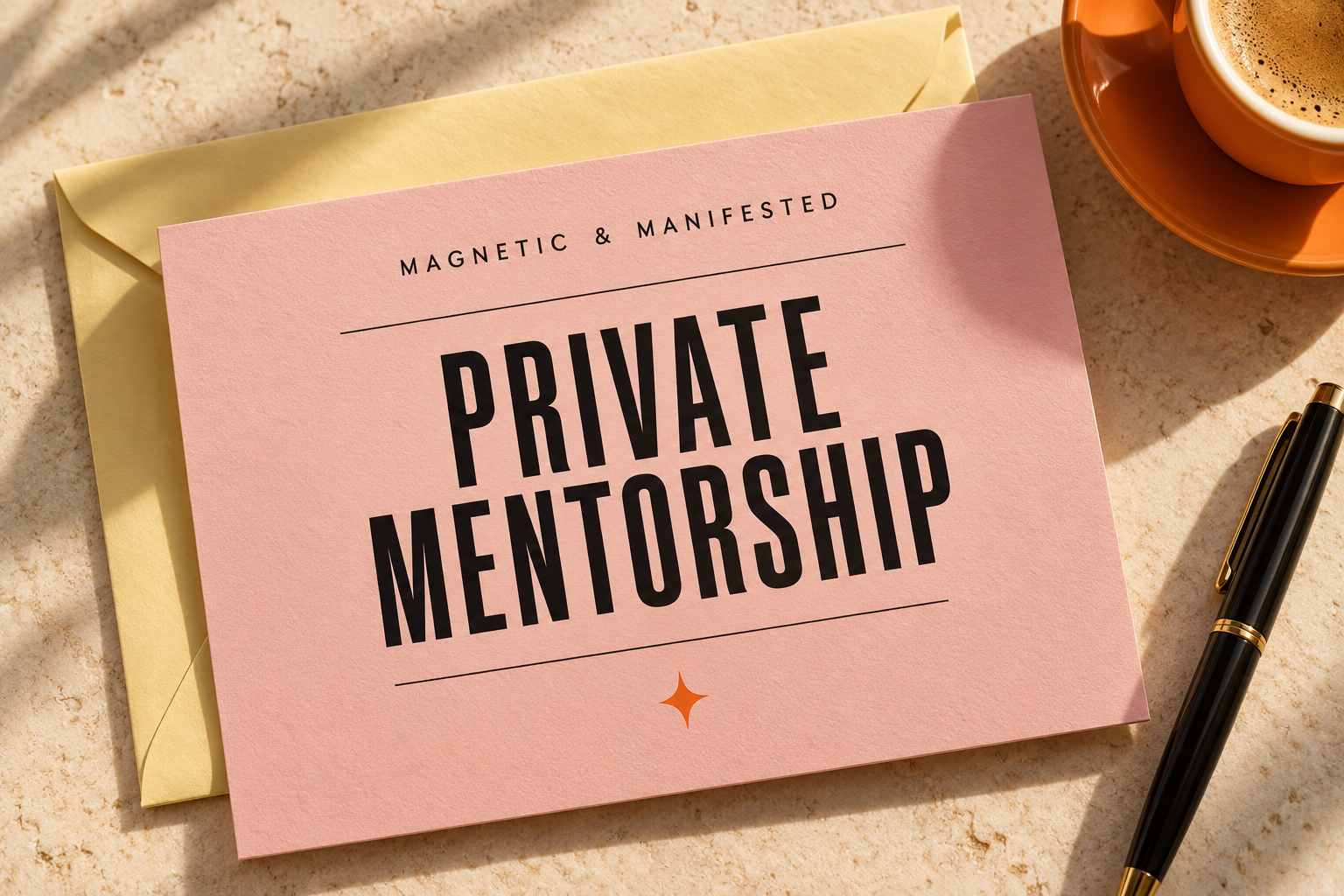 A pink card with the text 'Private Mentorship' and smaller text 'Magnetic & Manifested', placed on a yellow envelope. Next to it is a black and gold pen, and an orange cup of coffee or tea on an orange saucer.