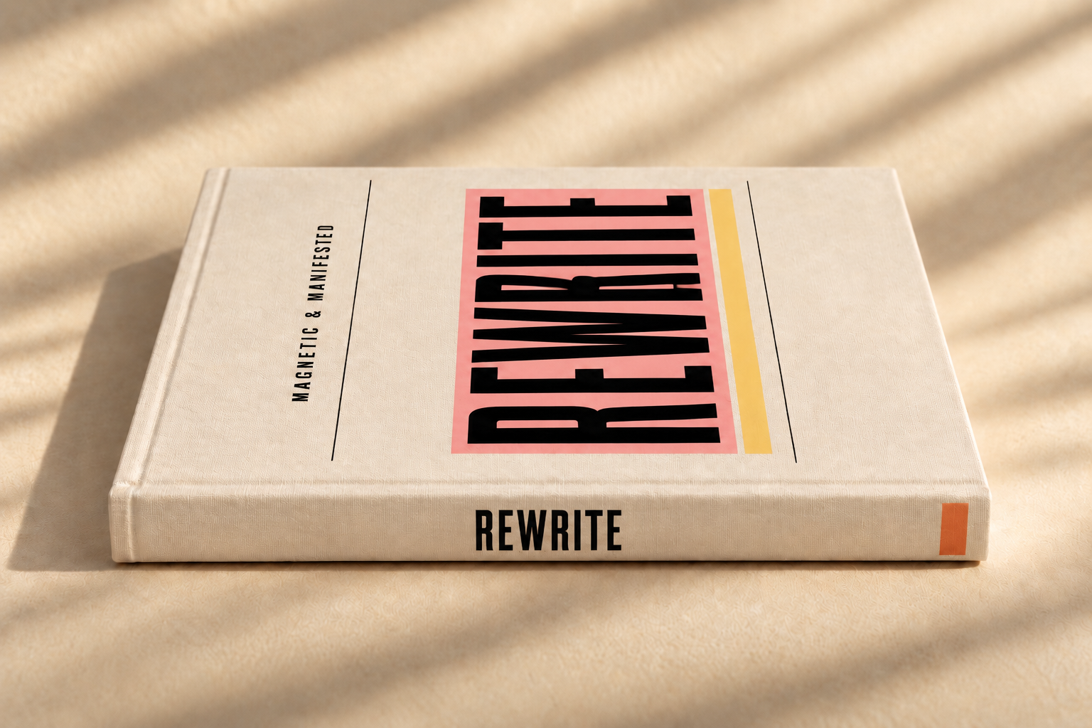 A book titled "ReWrite" with a subtitle "Magnetic & Manifested" on a beige surface with lightly shadowed background.