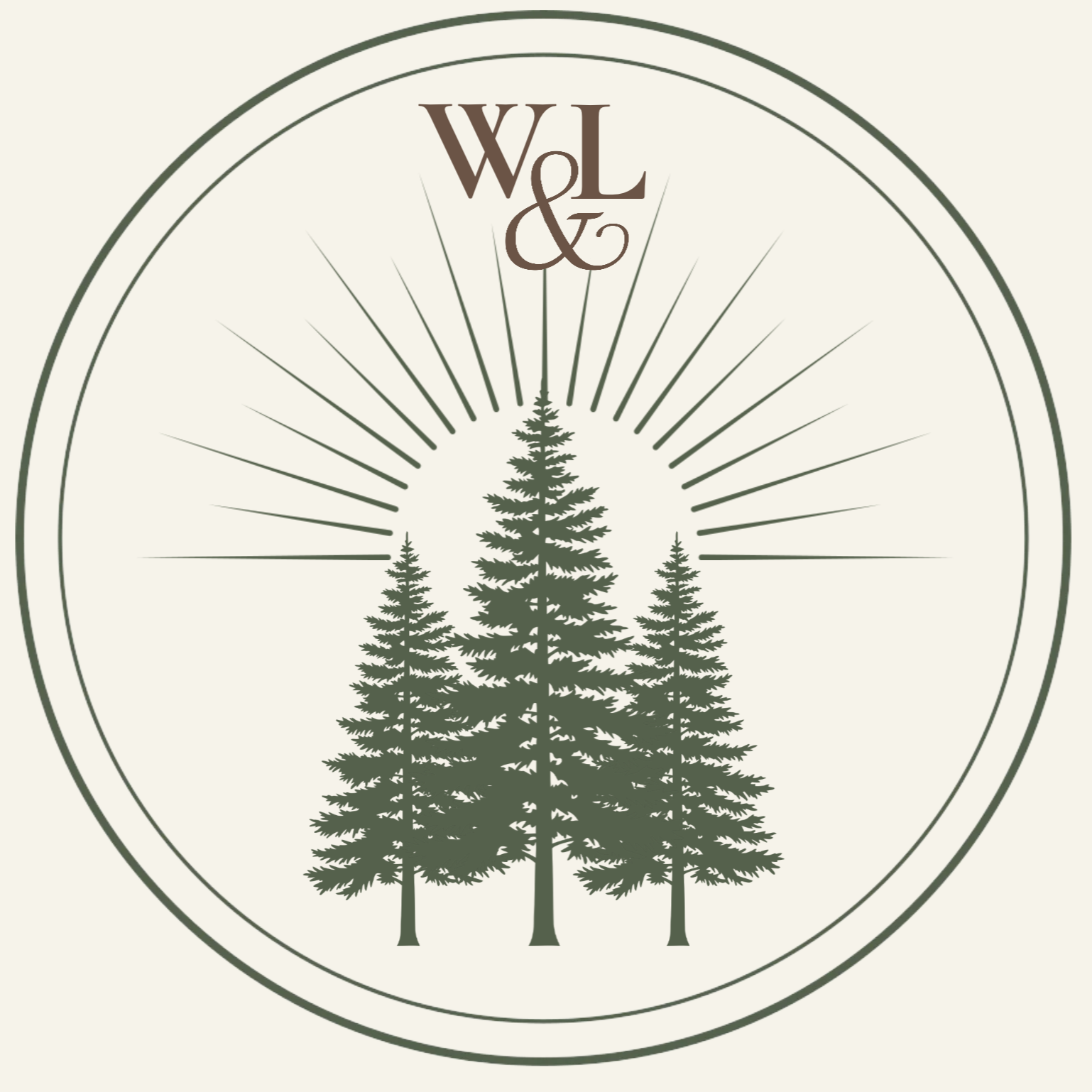 Vintage-style logo with three evergreen trees and radiating lines, text reading 'W&L' at the top.