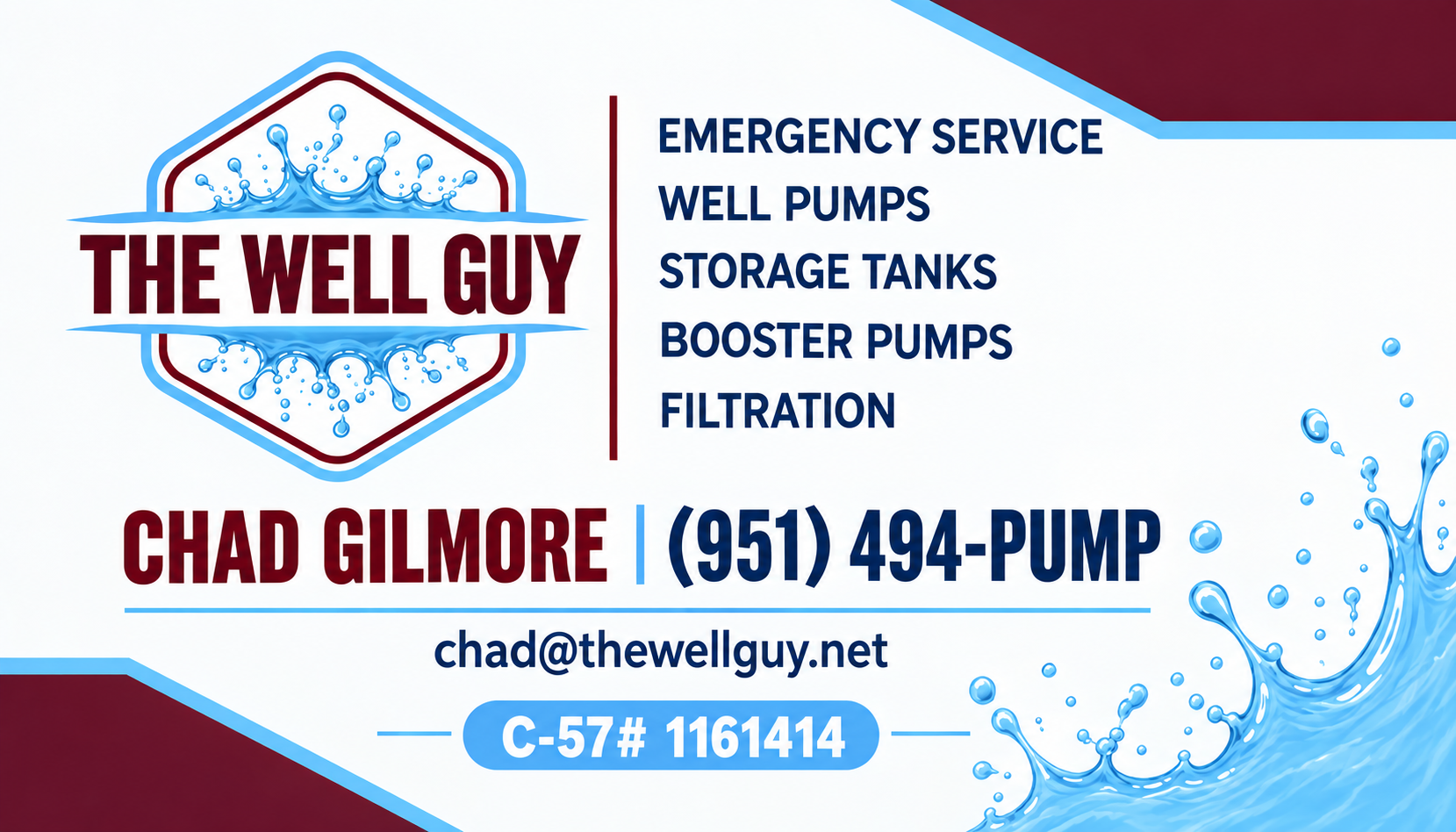 Business card for The Well Guy featuring the company's logo with water splash, contact information, and services offered including emergency service, well pumps, storage tanks, booster pumps, and filtration.
