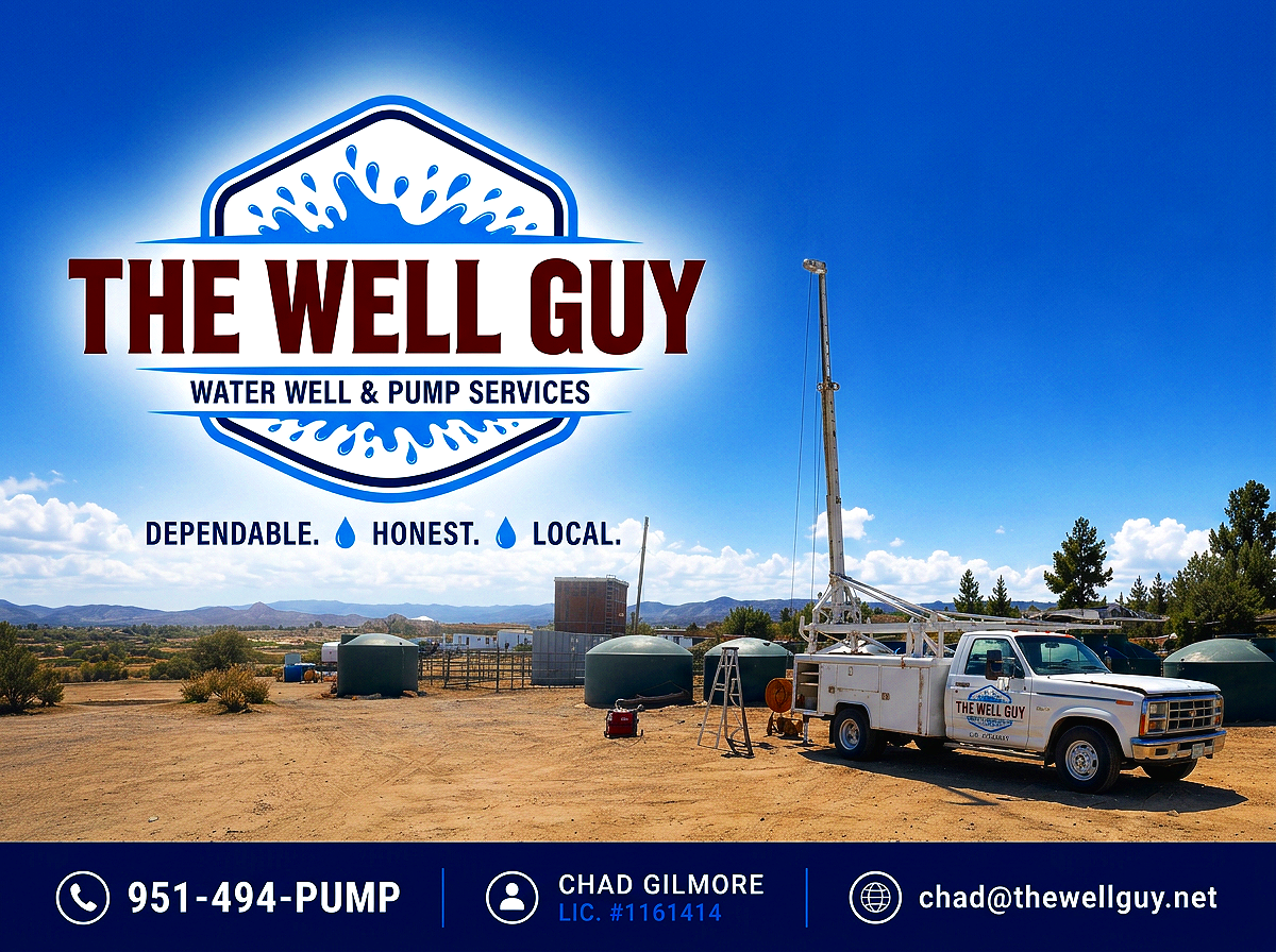A water well service truck in a rural area with tanks, trees, and mountains in the background, promoting The Well Guy water well and pump services.