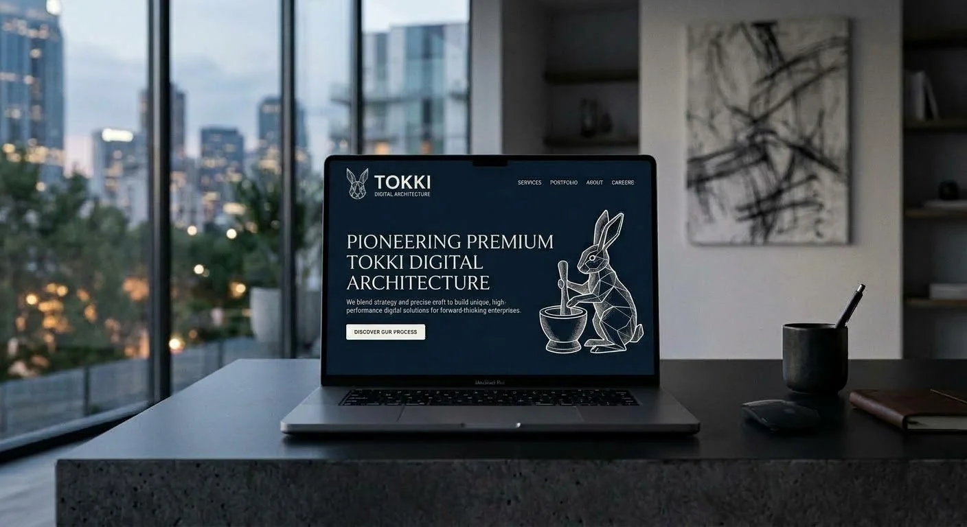 A sleek computer screen on a dark desk displaying a website for an architecture firm, with a bunny holding a paintbrush in front of a mortar and pestle illustration, in an modern office with large windows showing a cityscape.